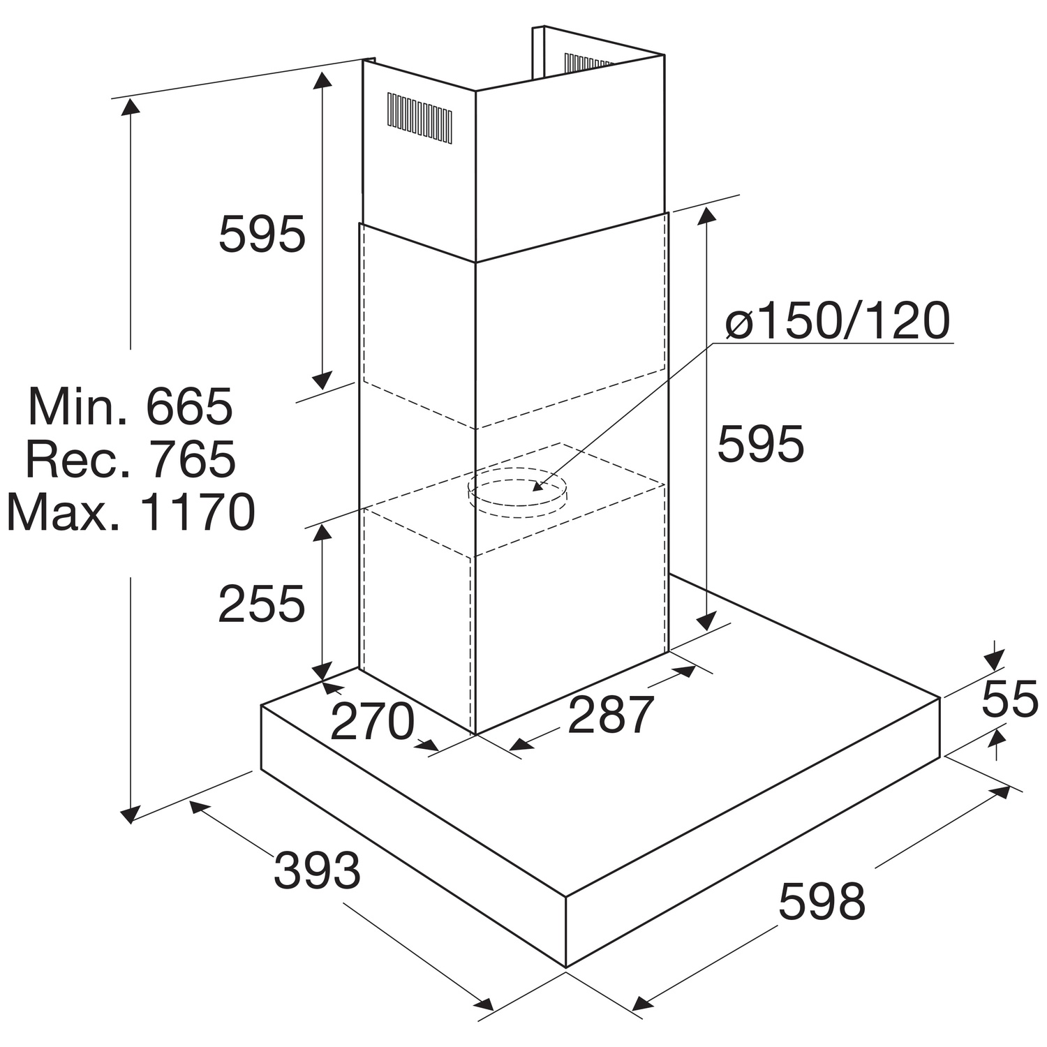 Technical drawing of a cooker hood with dimensions.