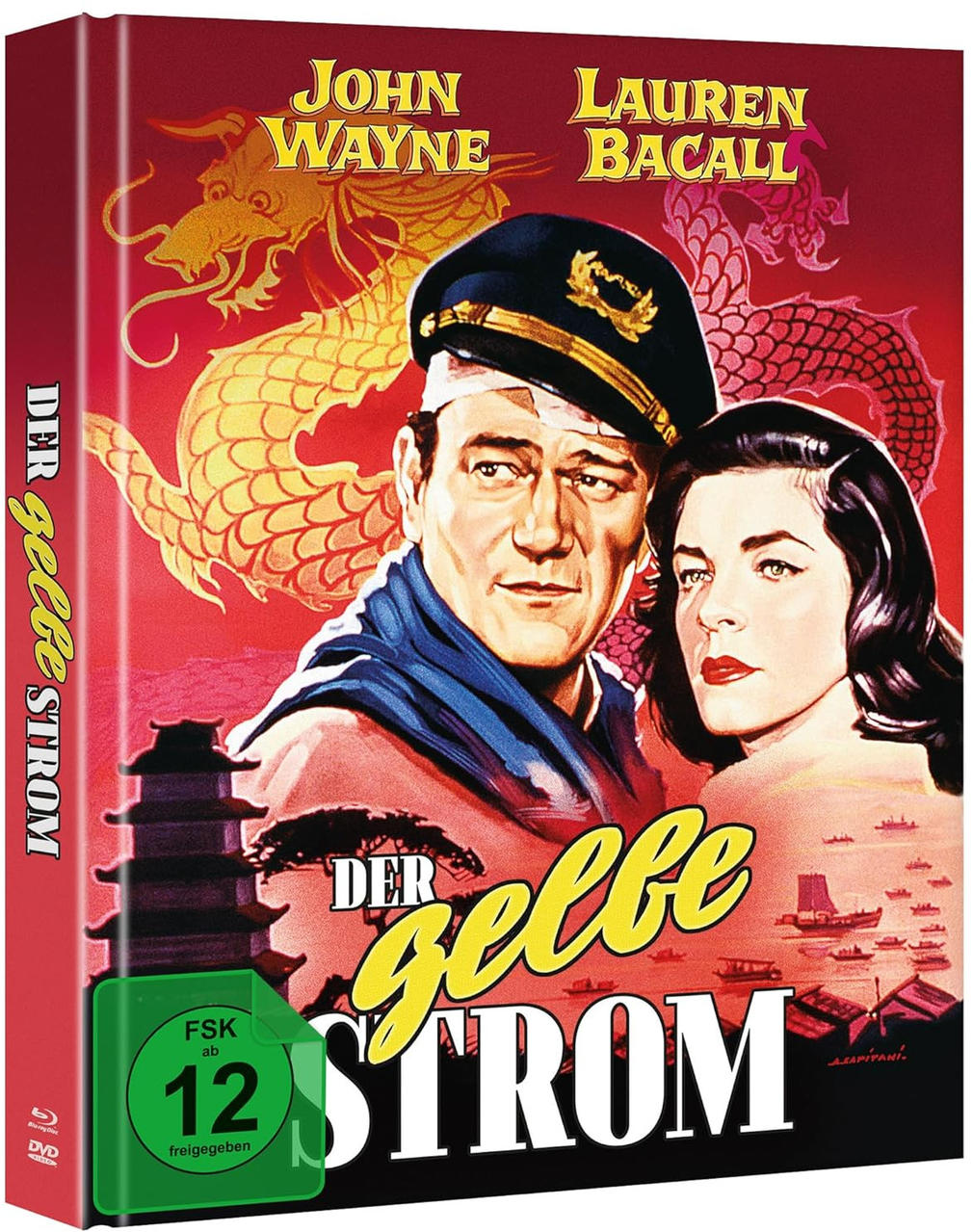 John Wayne und Lauren Bacall vor einem gelben Drachen und Pagoden.