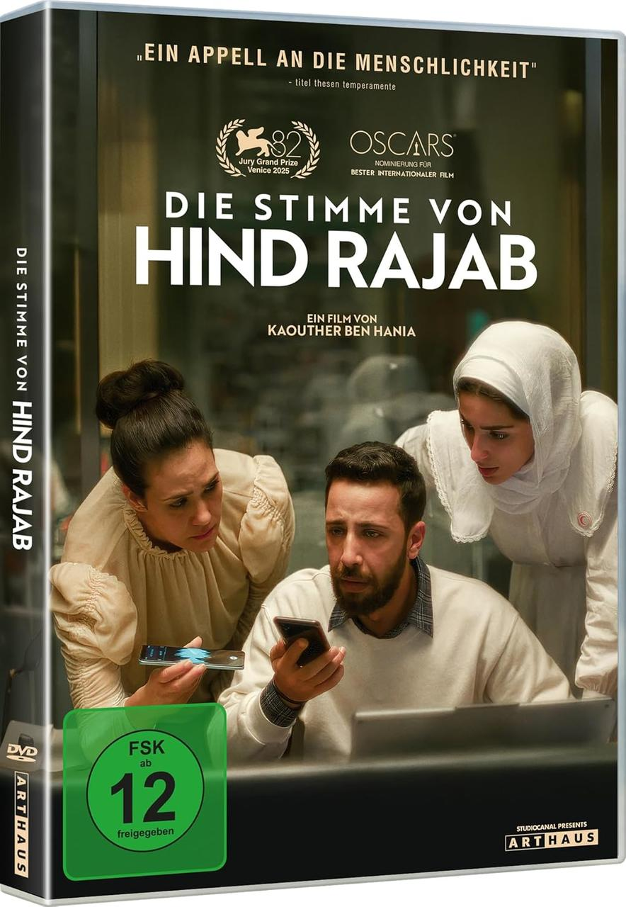 DVD-Cover: Drei Personen blicken auf Handys. Titel: Die Stimme von Hind Rajab.