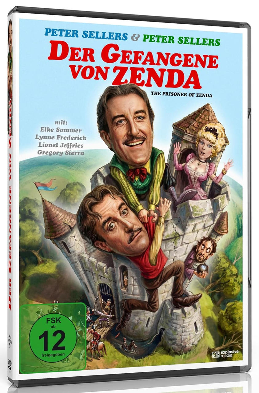 Filmplakat mit Karikaturen von Schauspielern auf einer Burg. Peter Sellers ist doppelt vertreten.