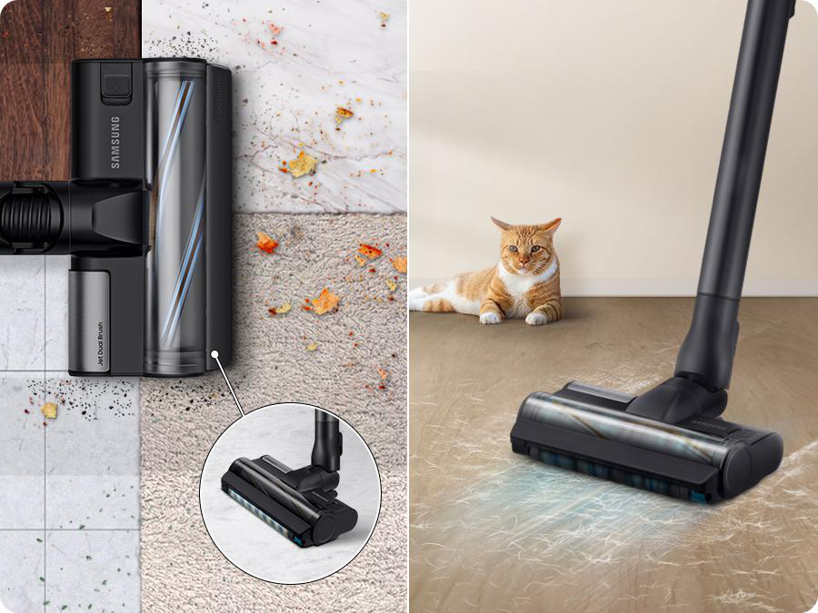 Ein Samsung Staubsauger reinigt Teppich und Fliesen. Eine Katze liegt daneben.