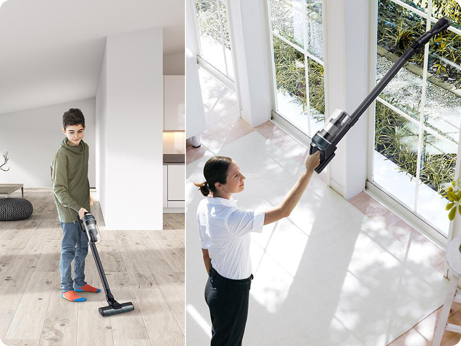 Junge saugt Boden, Frau saugt Fenster. Zwei Szenen mit Staubsaugern.
