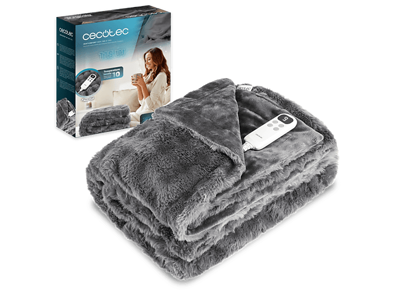 Manta eléctrica - Cecotec HeatConfort Noa (180 x 130), 115 W, Acabado pelo sintético, 10 niveles de temperatura, Apagado automático, Gris