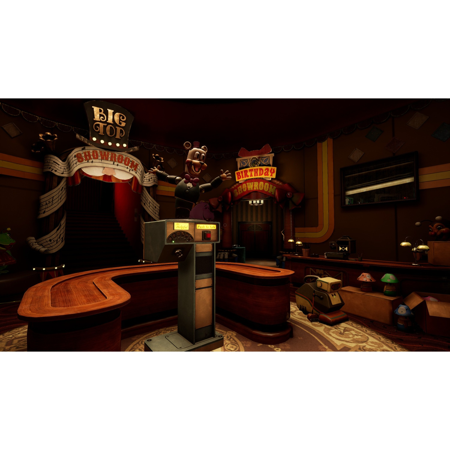 Een beer animatronic staat op een podium voor een muziek showroom banner.