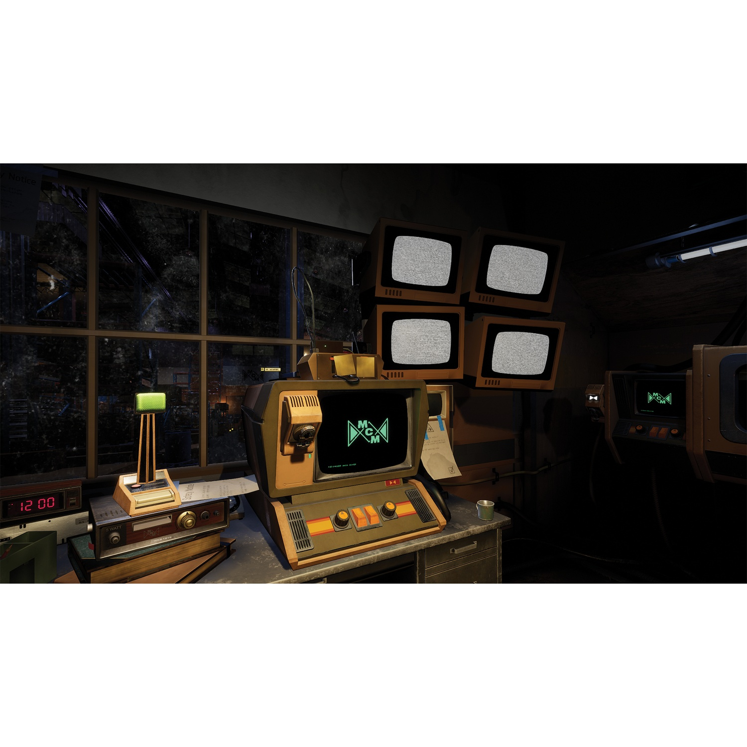 Een retro-futuristische werkplek met meerdere monitoren en computers.