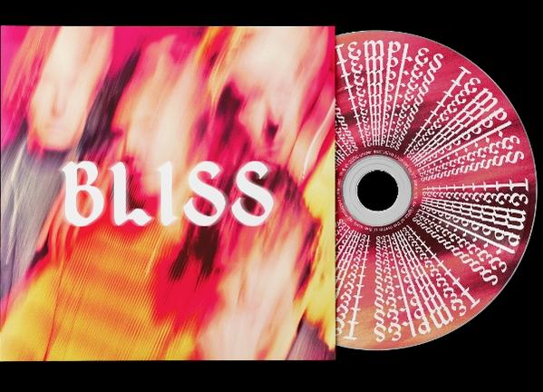 CD-Cover mit dem Titel 'BLISS' und einer CD mit wiederholtem Text.