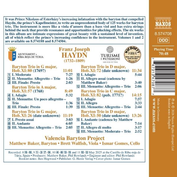 CD-Cover mit Werkliste von Haydns Baryton-Trios, Interpreten und Aufnahmeinformationen.