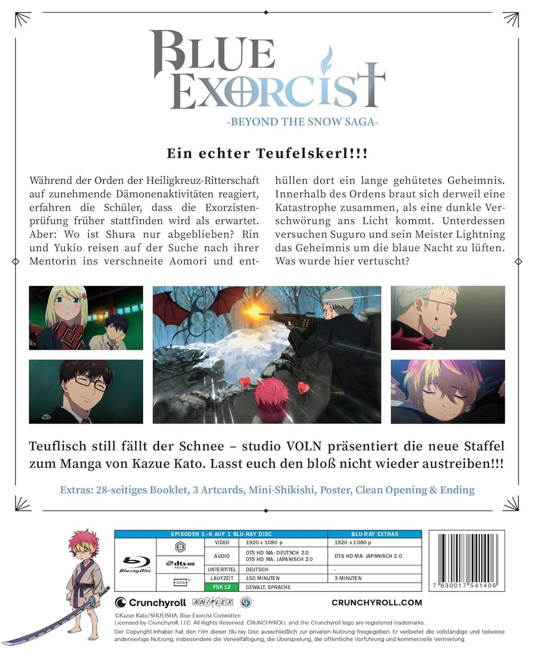 Anime-Poster mit Titel "Blue Exorcist", Charaktere und Episodeninfo.