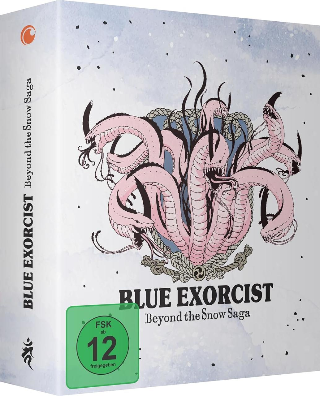 Verpackung von "Blue Exorcist: Beyond the Snow Saga" mit einem mehrköpfigen rosa Drachen.