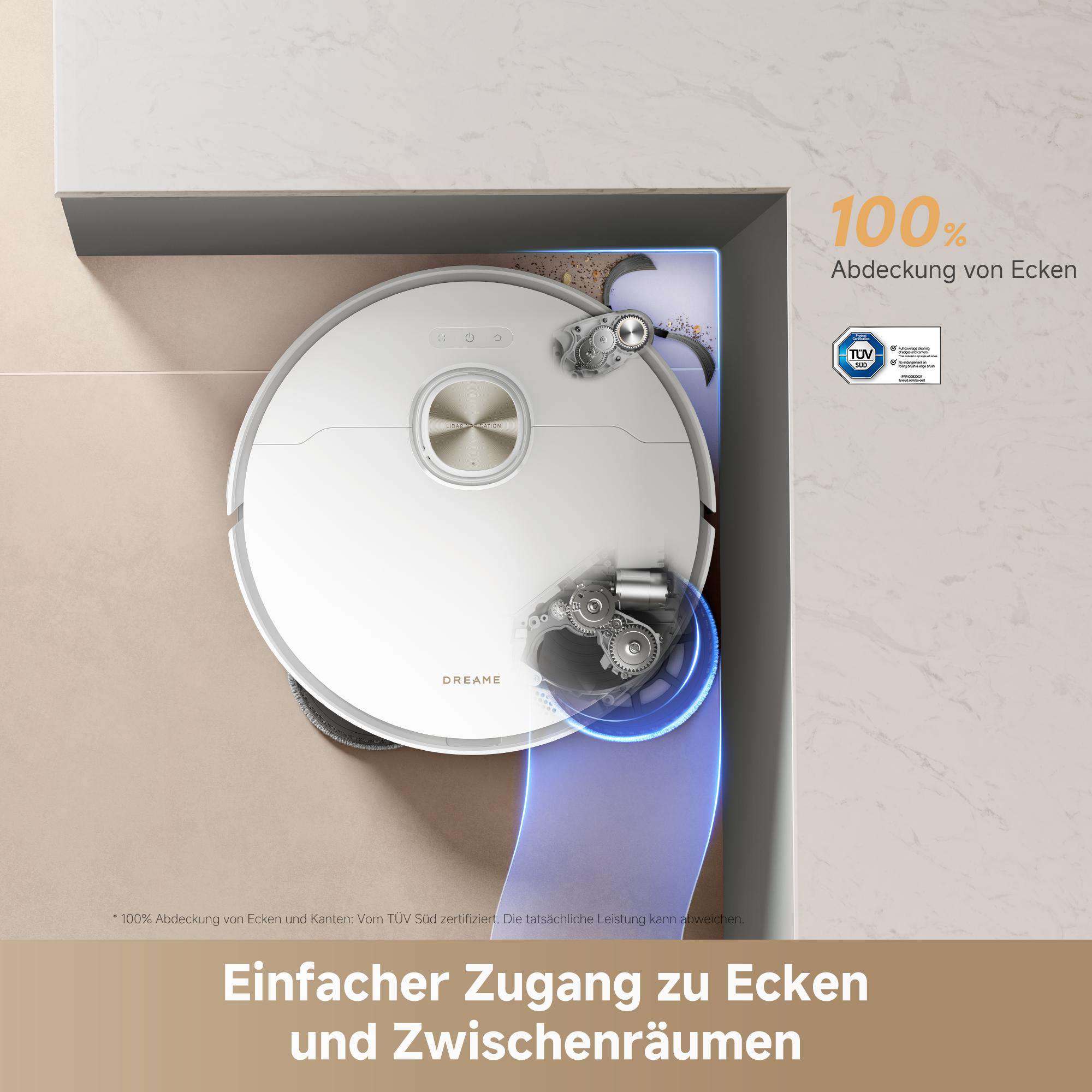 Ein weißer Saugroboter reinigt Ecken mit Bürsten und Zahnrädern. 100% Abdeckung.