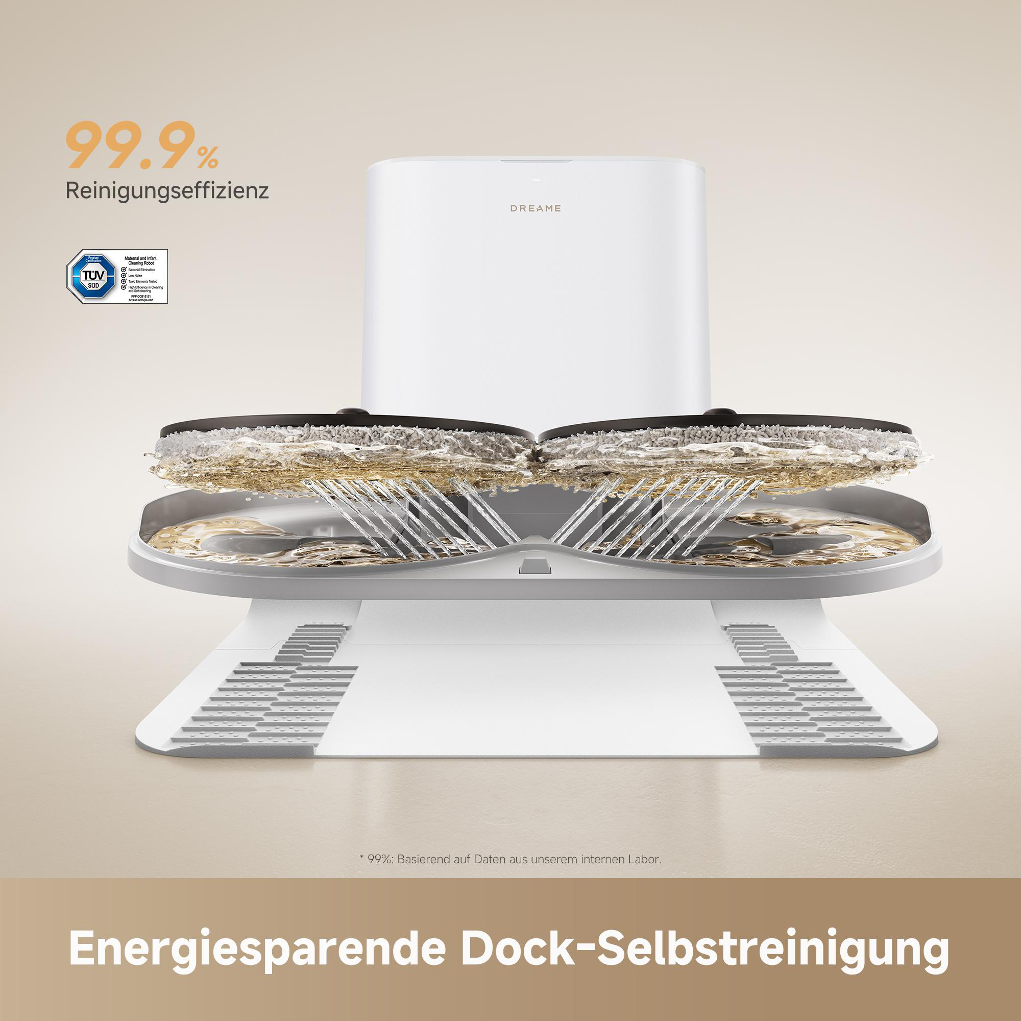 Ein weißes Reinigungsgerät mit rotierenden Bürsten, die Wasser sprühen. 99,9% Effizienz.