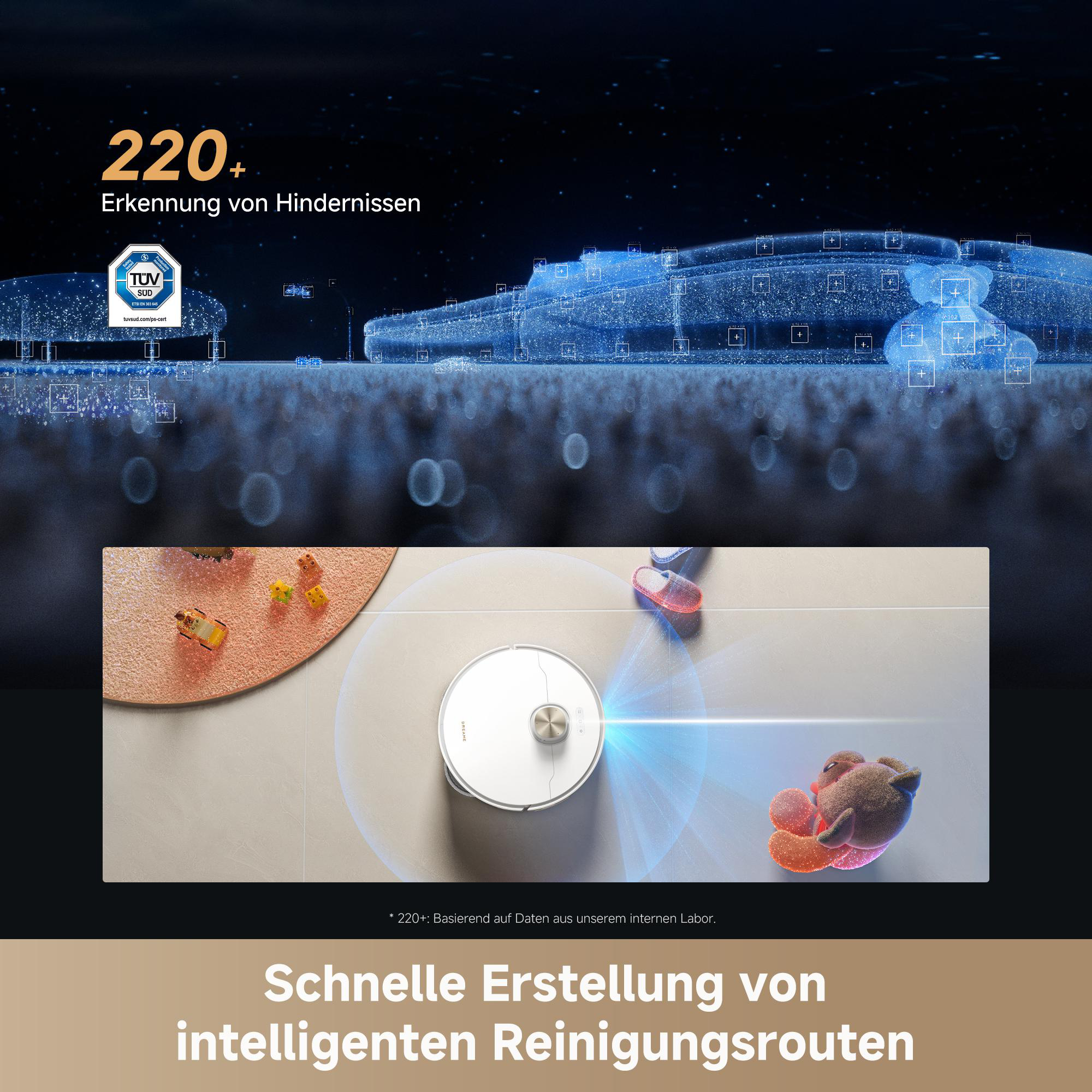 Roboterstaubsauger erkennt Hindernisse. TUV SUD Zertifikat. Schnelle Routenerstellung.
