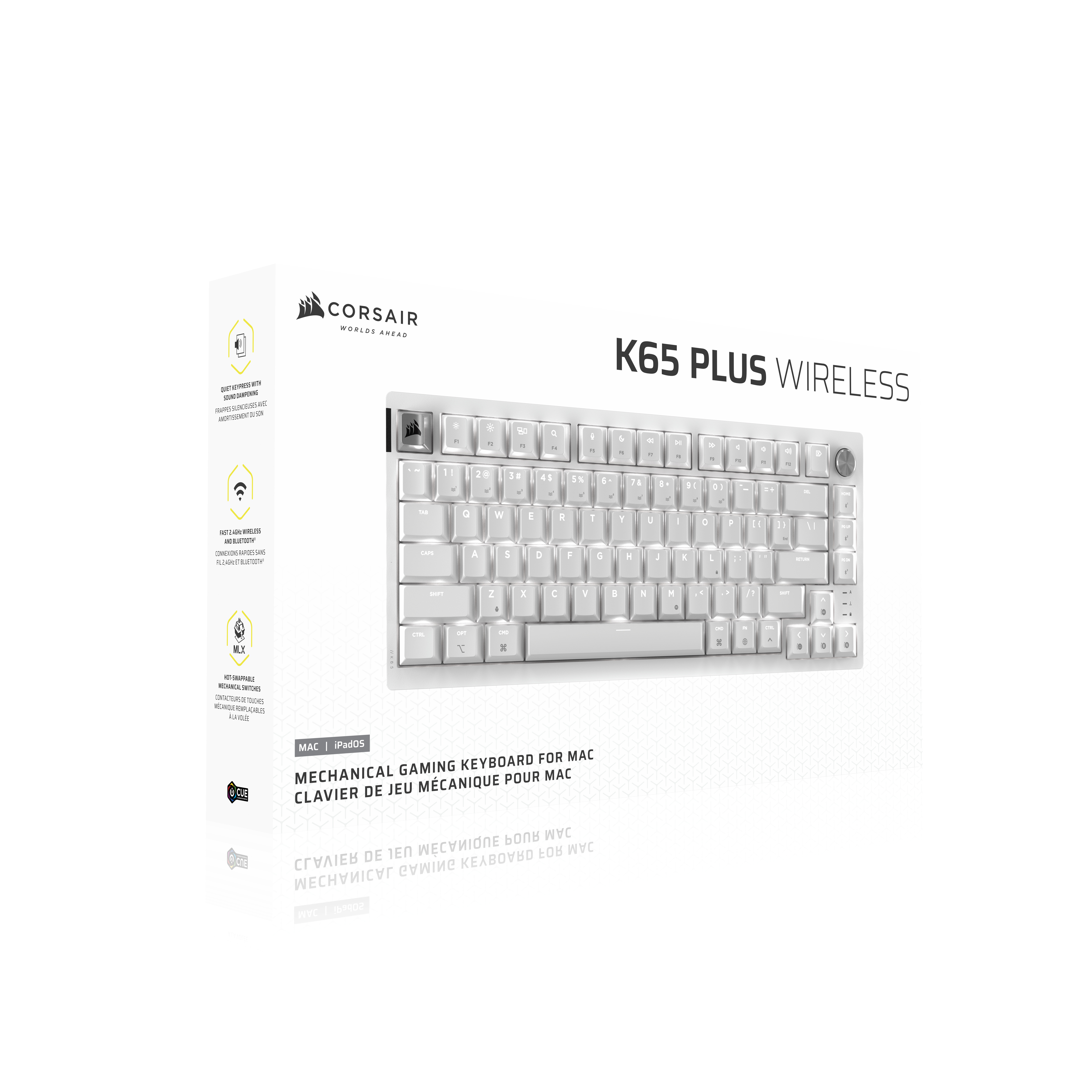 Weiße Corsair K65 Plus Wireless Tastatur für Mac mit beleuchteten Tasten.