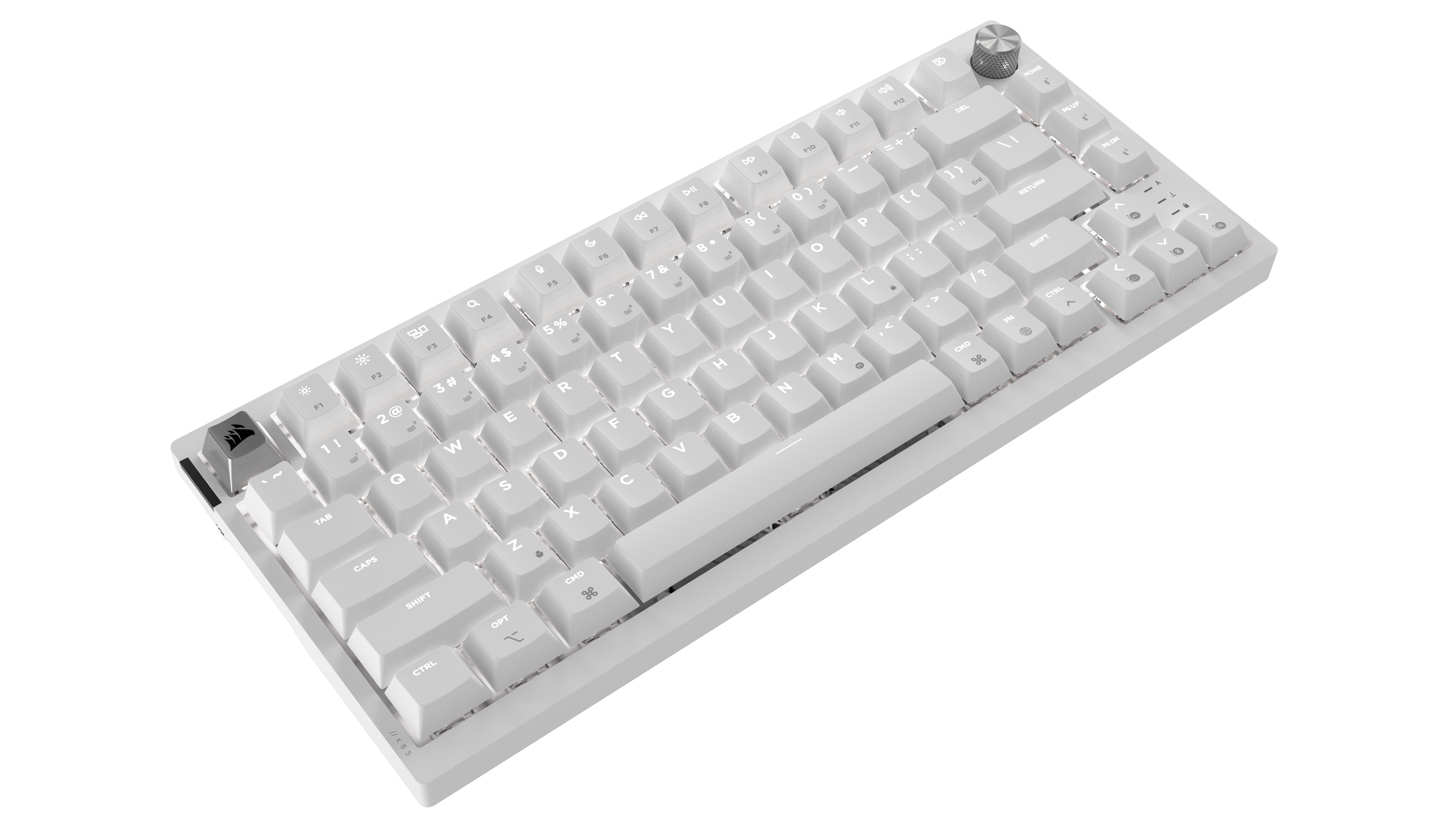 Eine weiße Tastatur mit silbernem Drehregler oben rechts.