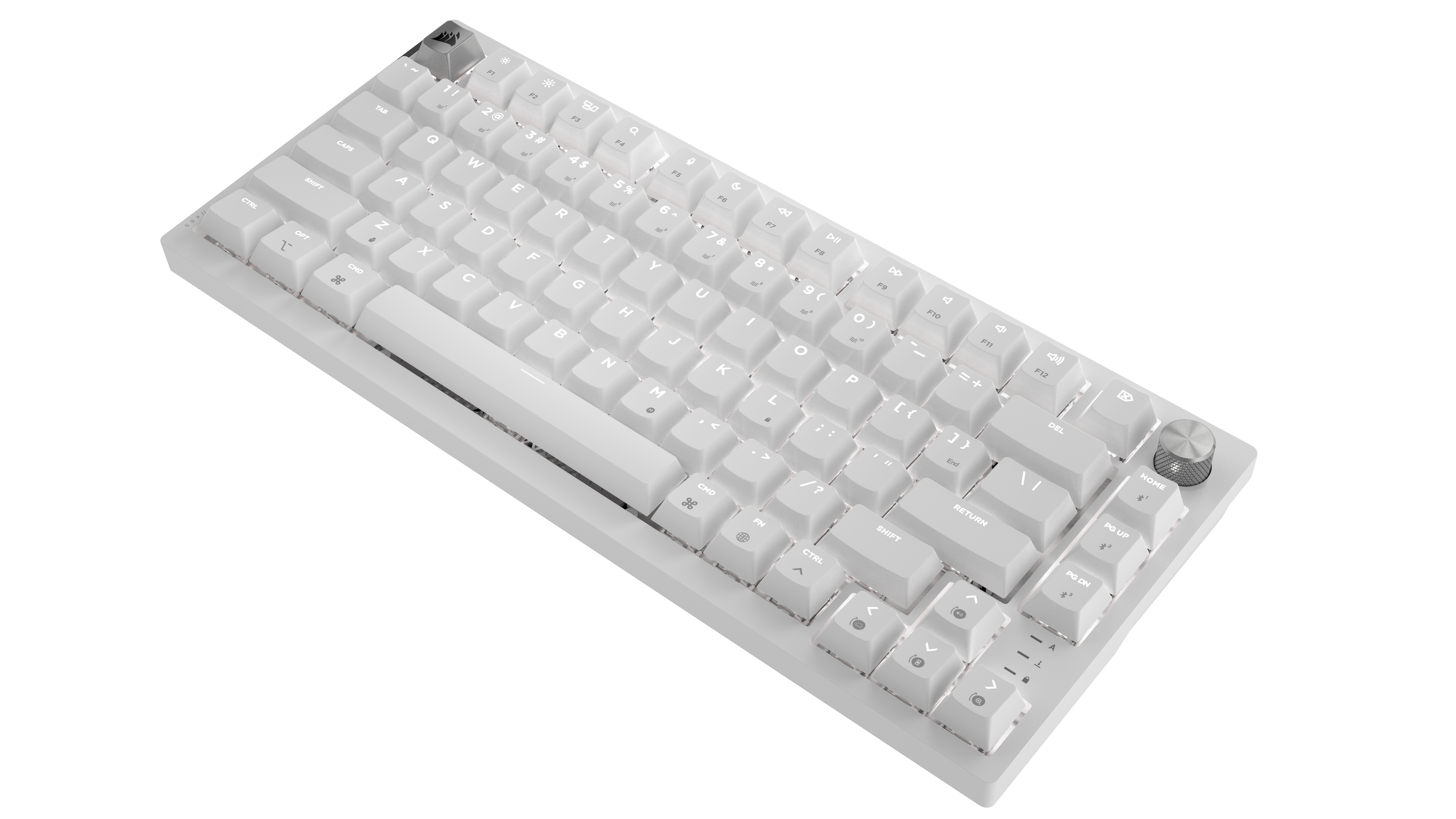 Eine weiße mechanische Tastatur mit RGB-Hintergrundbeleuchtung, kompaktem Layout und Drehknopf.