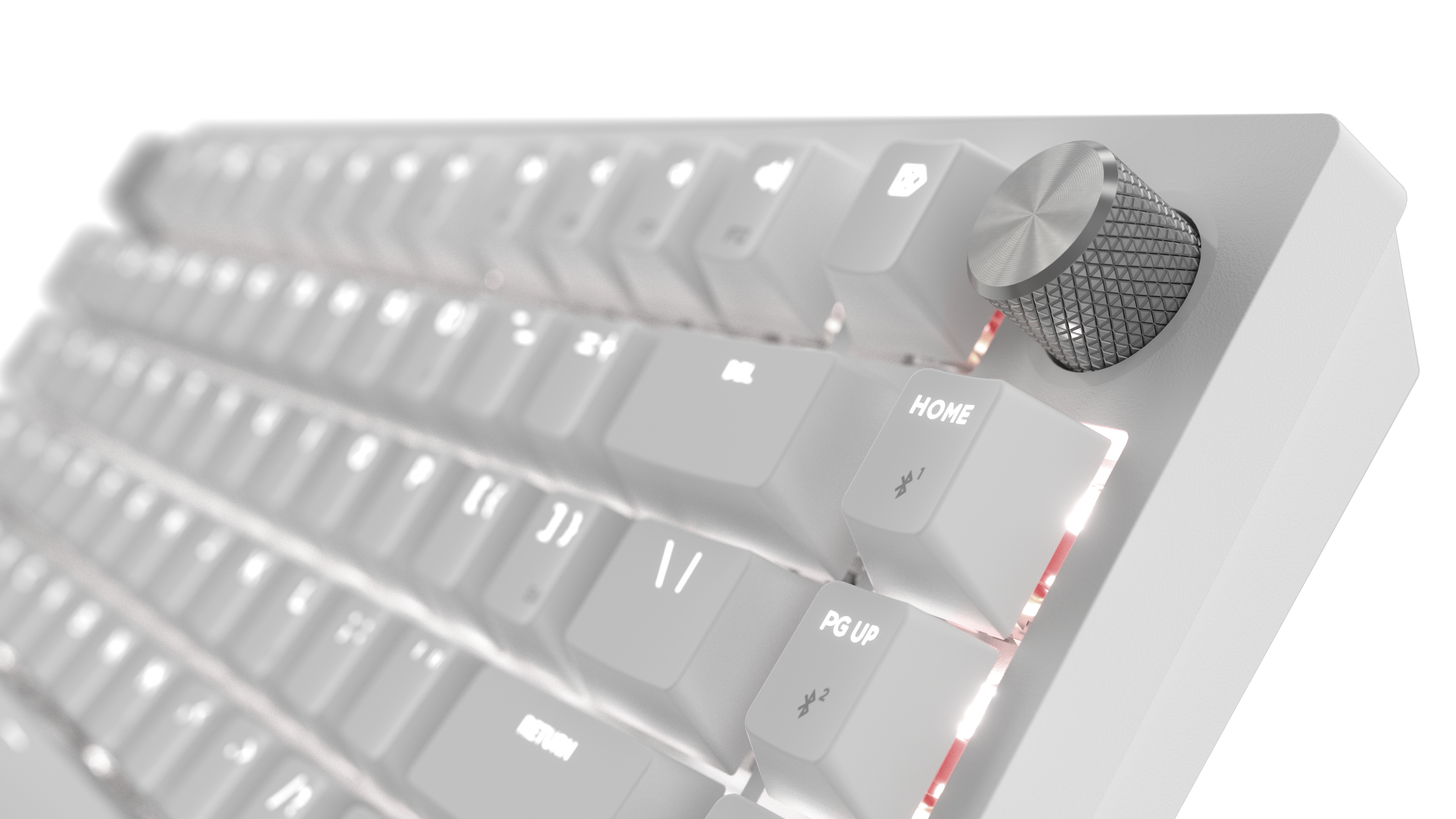 Weiße Tastatur mit Metallregler und roter Beleuchtung. Nahaufnahme.