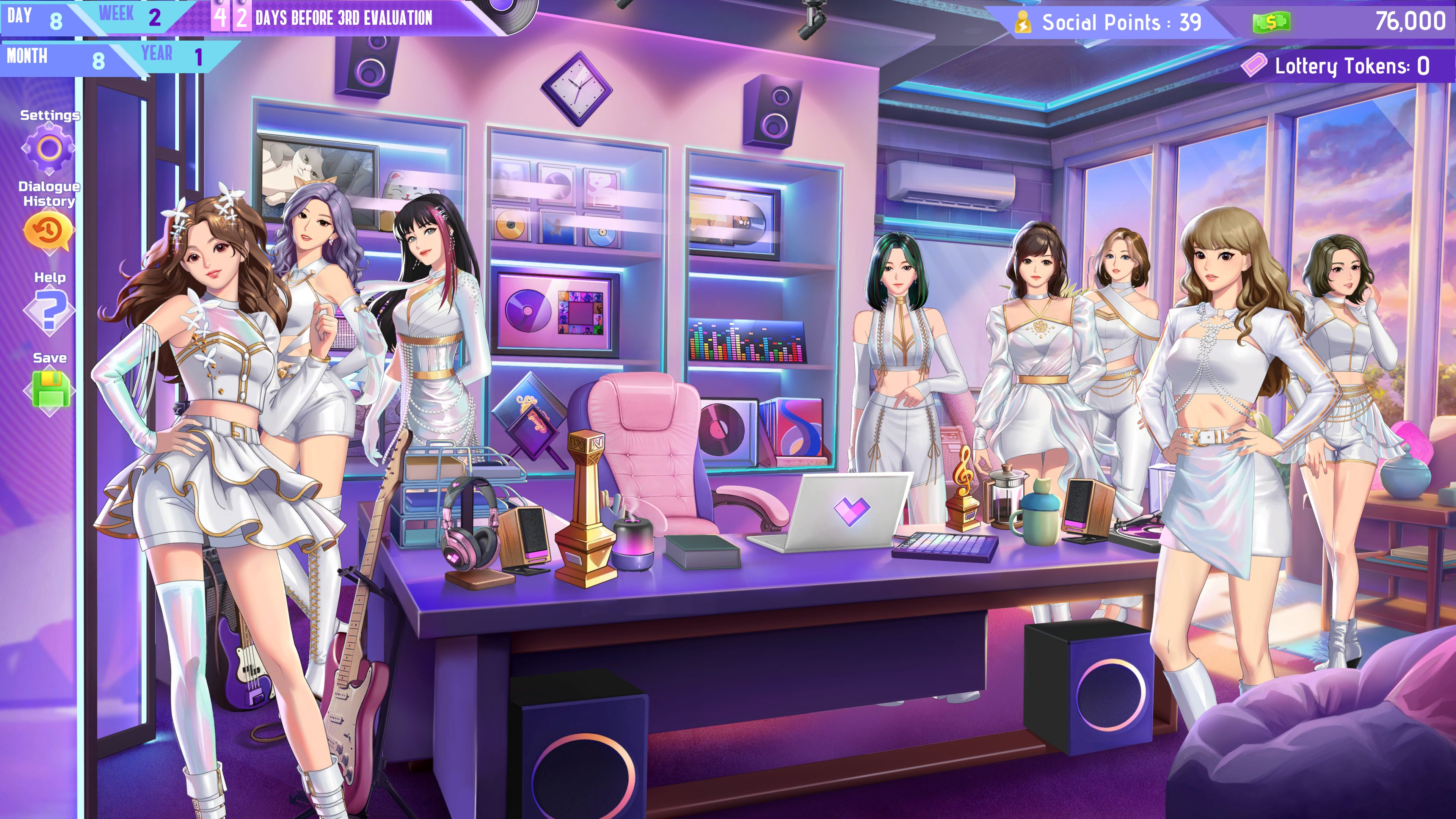 Sieben Mädchen in weißen Outfits stehen in einem Raum mit lila Beleuchtung und einem Schreibtisch.