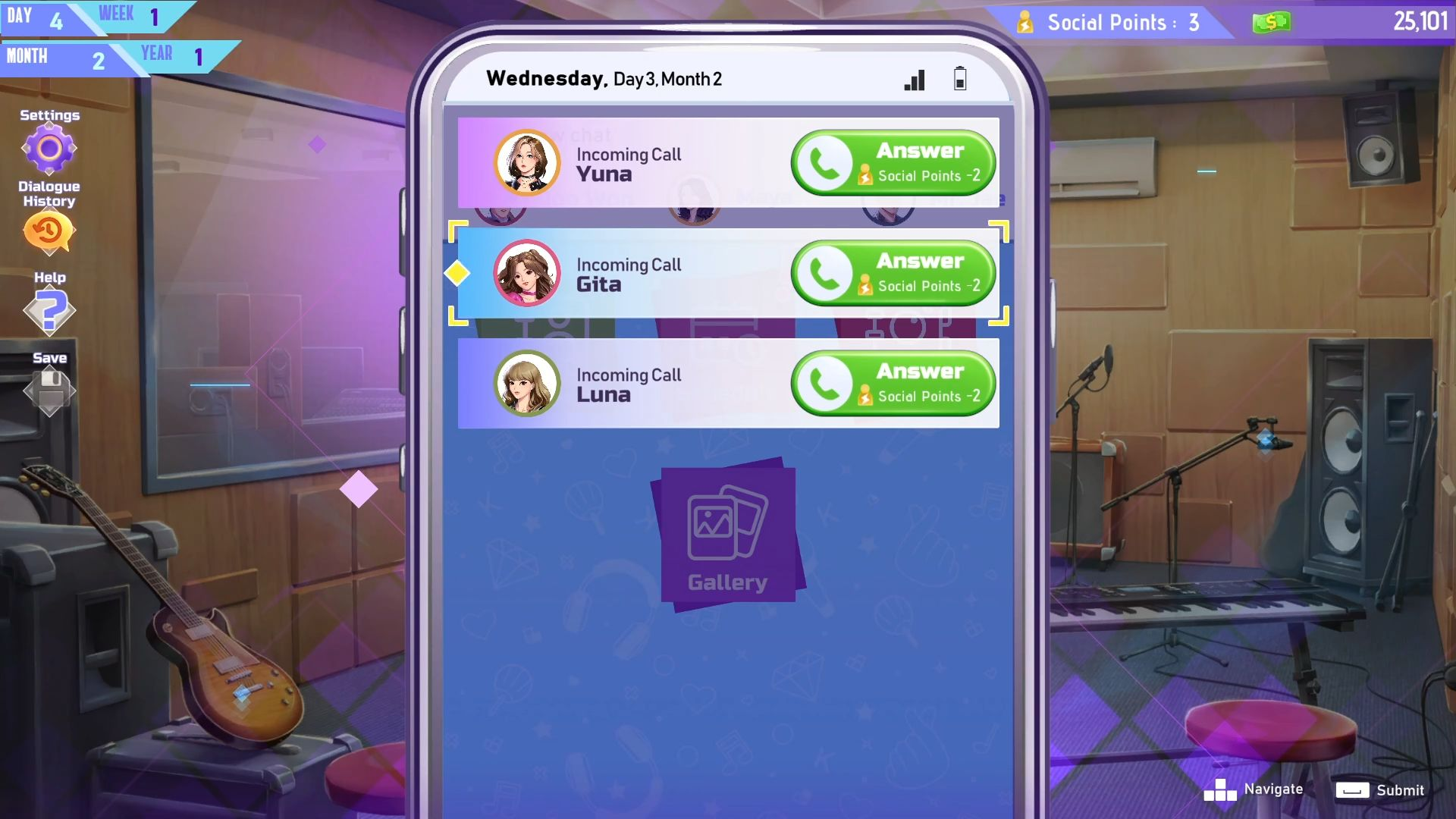 Telefonbildschirm zeigt eingehende Anrufe von Yuna, Gita und Luna.