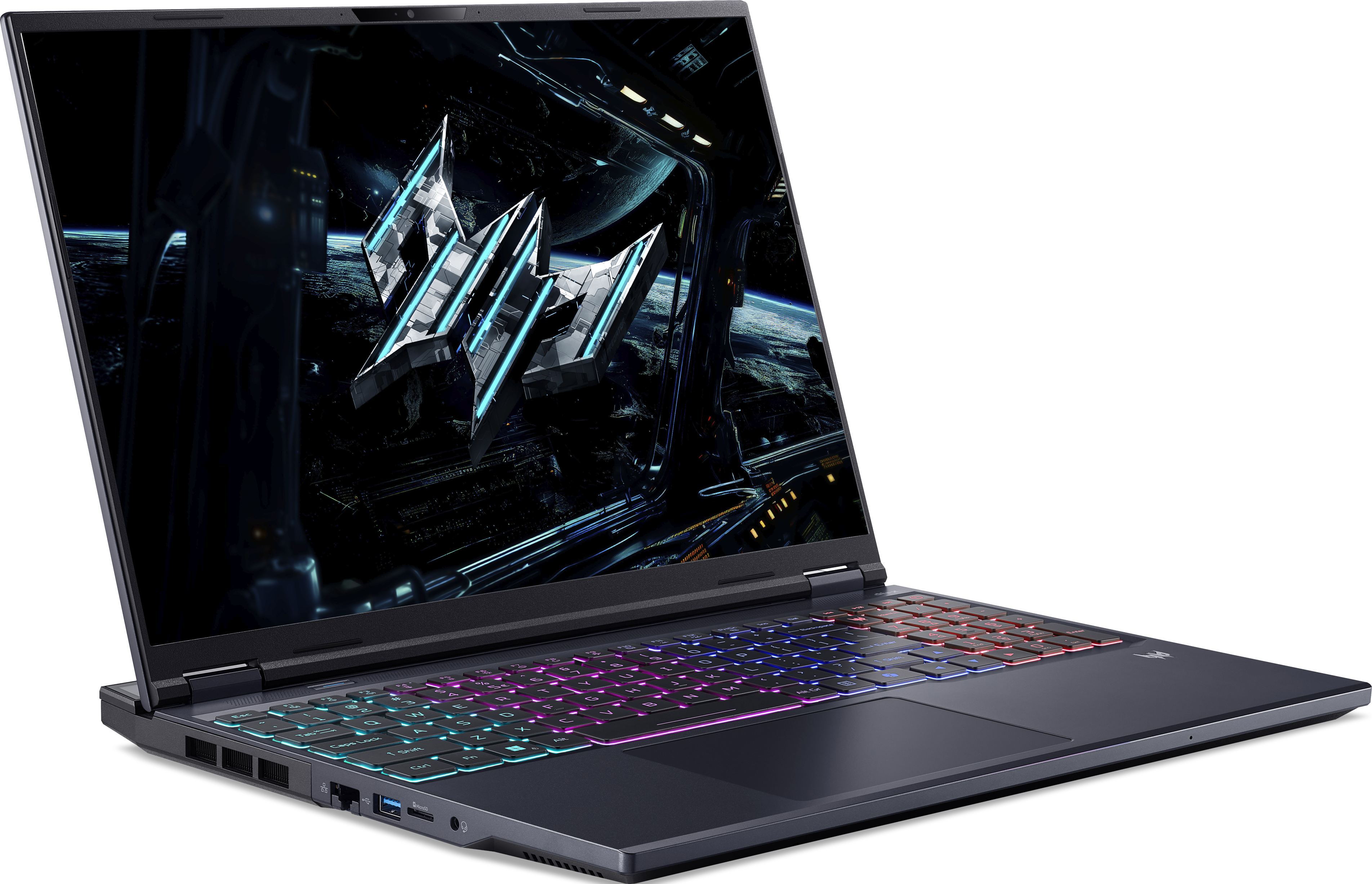 Un laptop da gaming con tastiera retroilluminata e sfondo a tema spaziale.