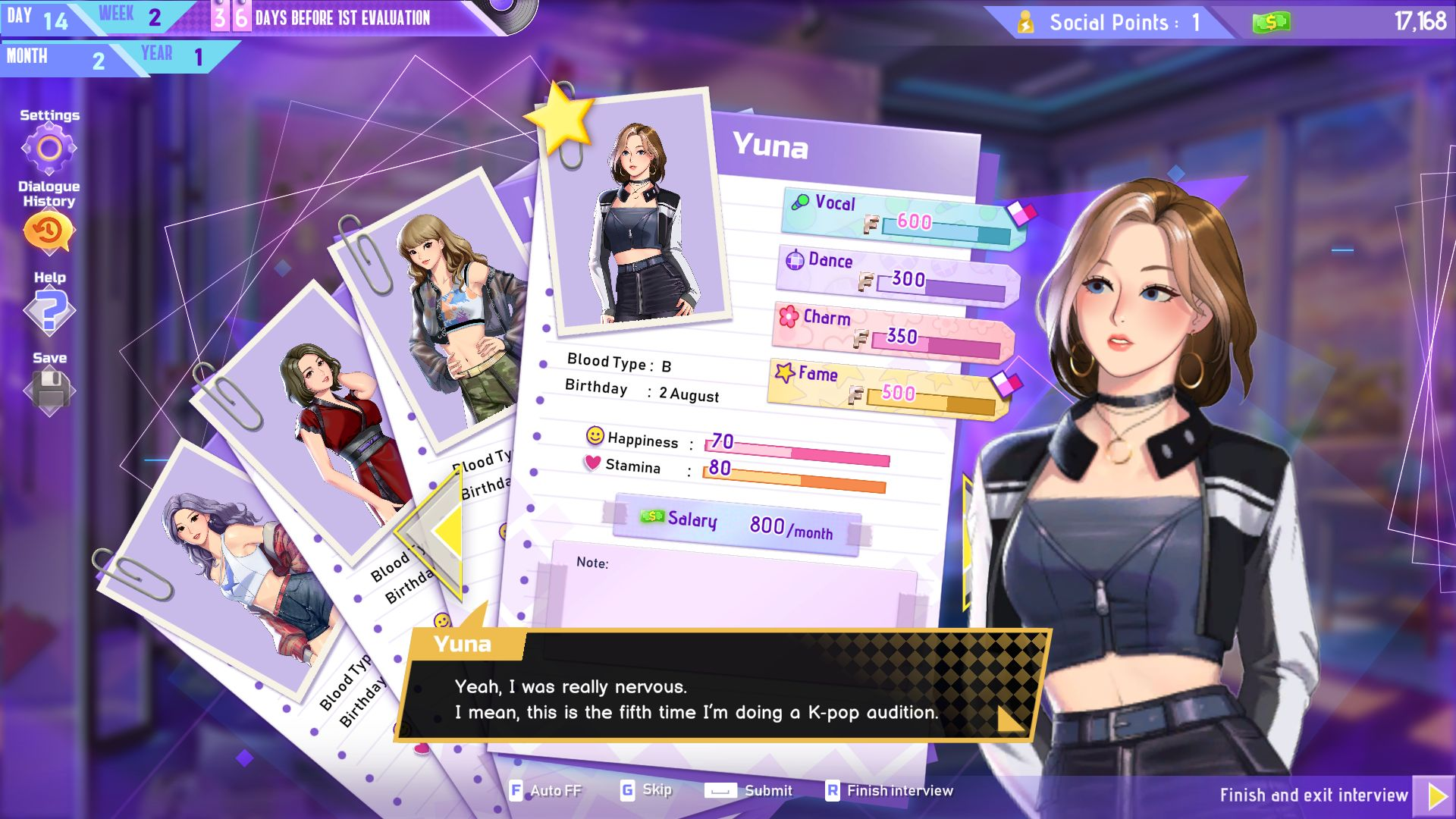 Ein Spielbildschirm zeigt eine K-Pop-Prüfung mit Charakterkarten und Statistiken.