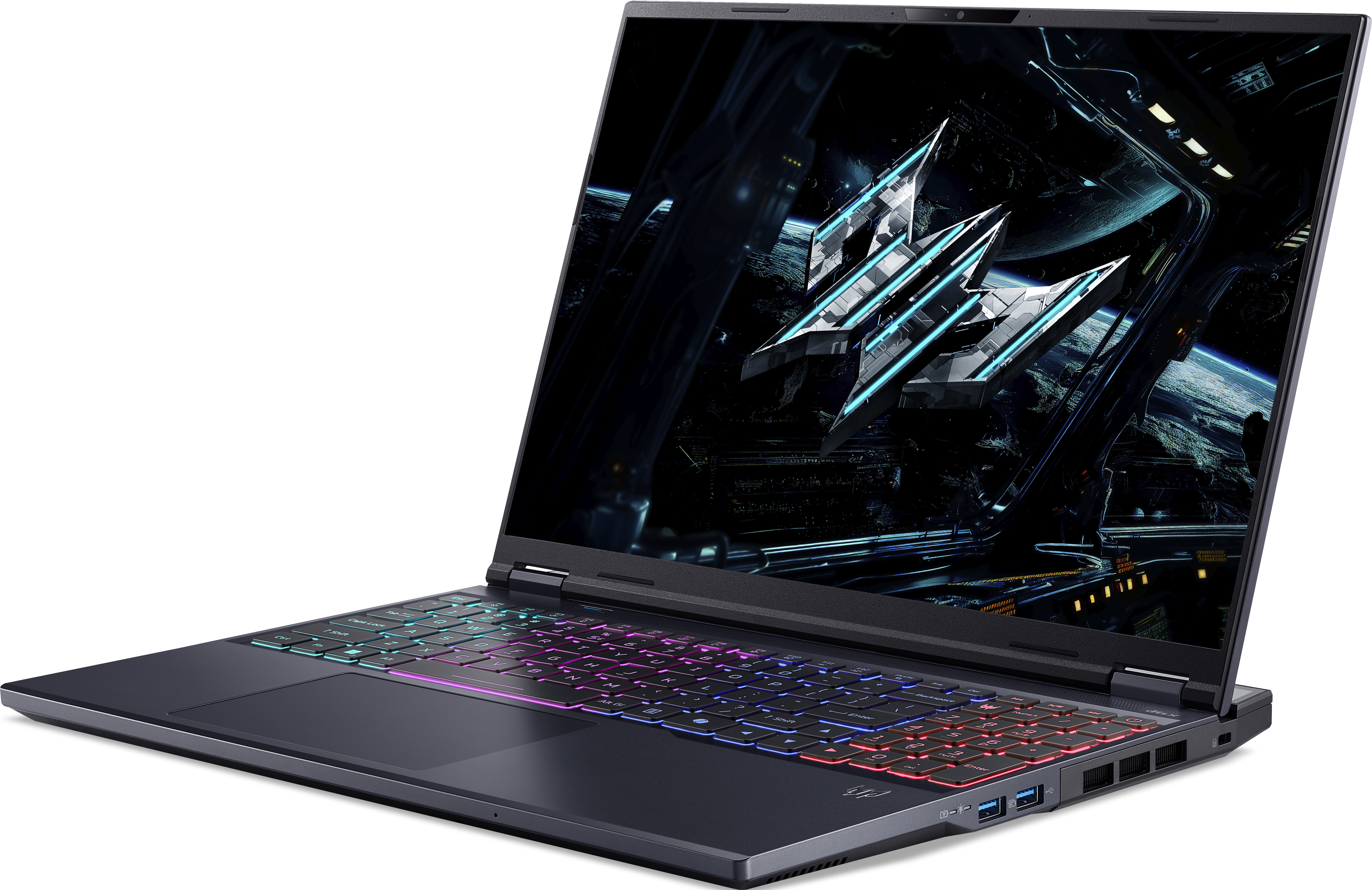 Un laptop con tastiera retroilluminata e uno sfondo fantascientifico sullo schermo.