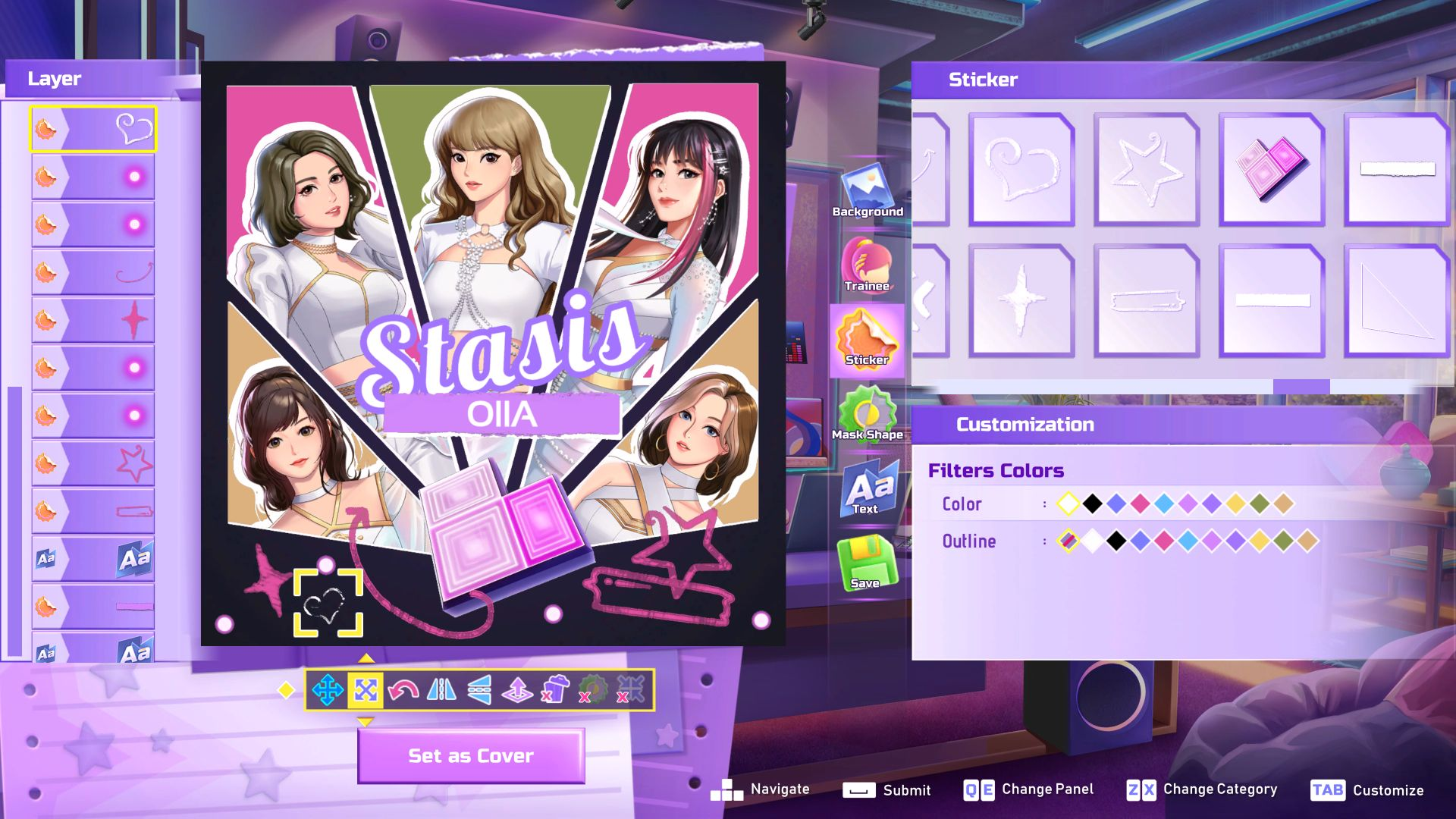 K-Pop-Gruppe im Anime-Stil mit pinkem Hintergrund, bearbeitet in einem Designprogramm.