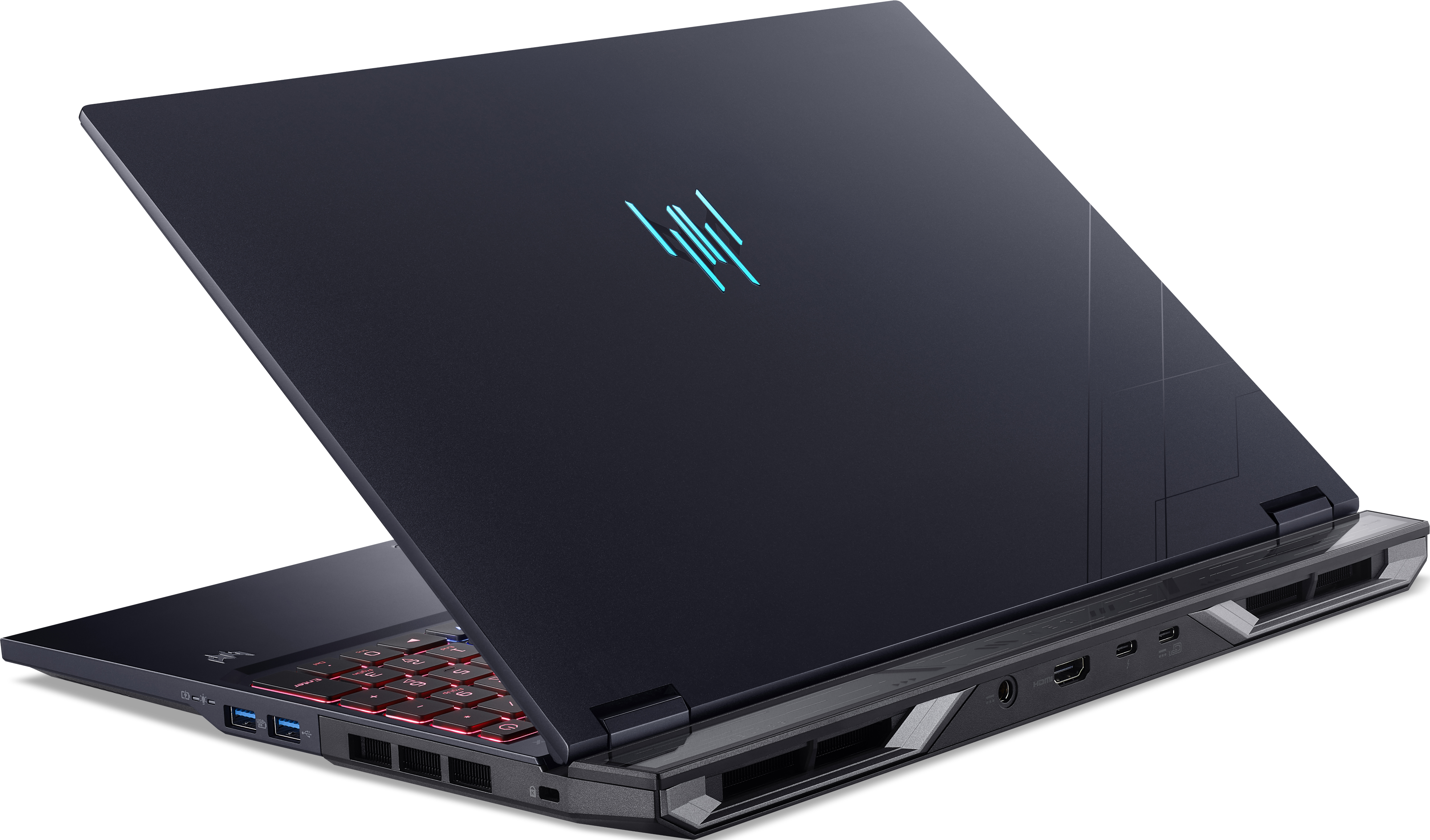 Un laptop scuro con accenti blu luminosi e tastiera.