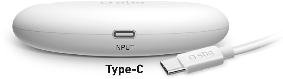 Ein weißes, rundes Gerät mit einem USB-C-Anschluss und einem Kabel.