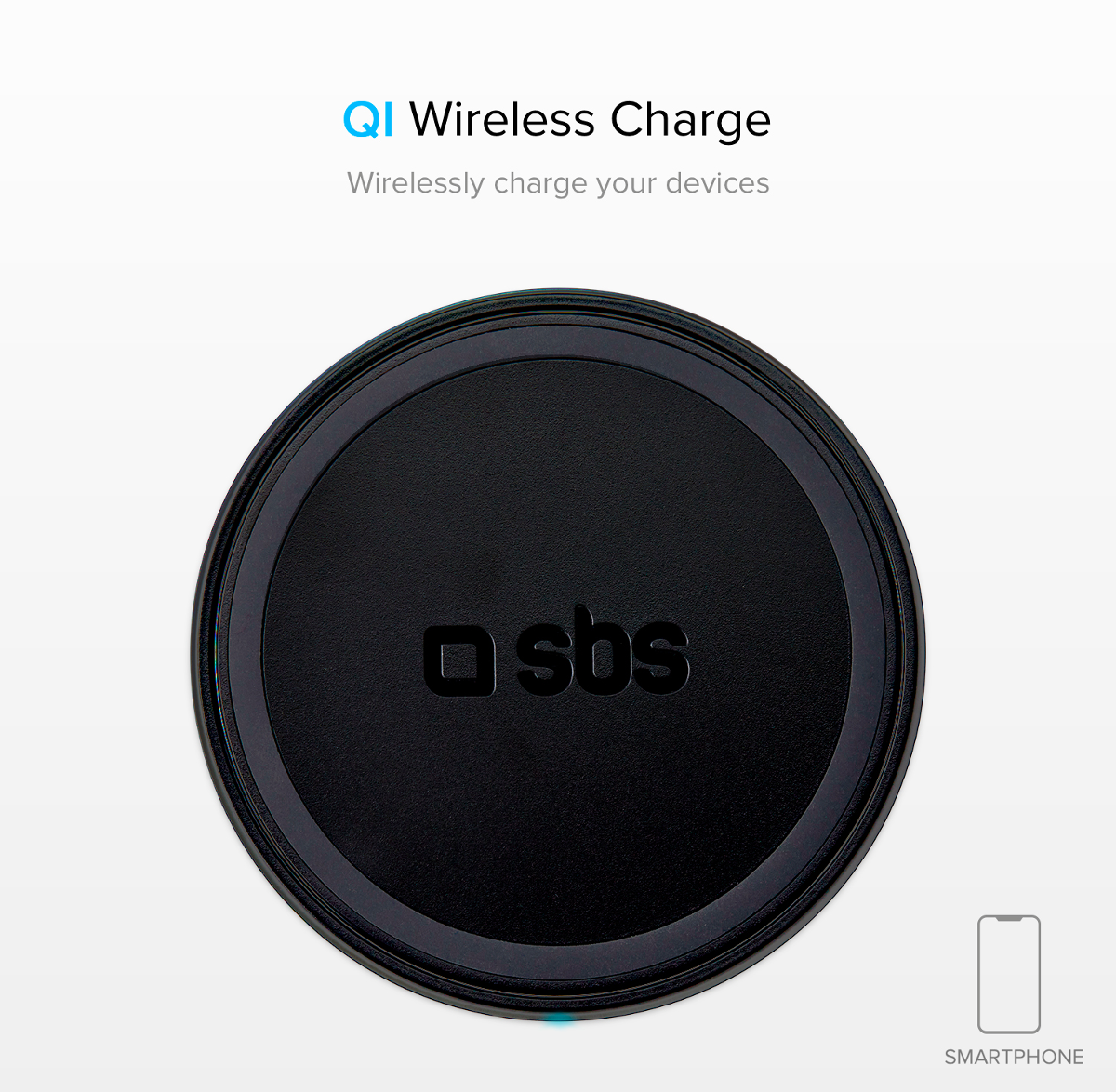 Schwarzes Qi-Ladegerät mit SBS-Logo. Ein Smartphone-Symbol ist daneben.