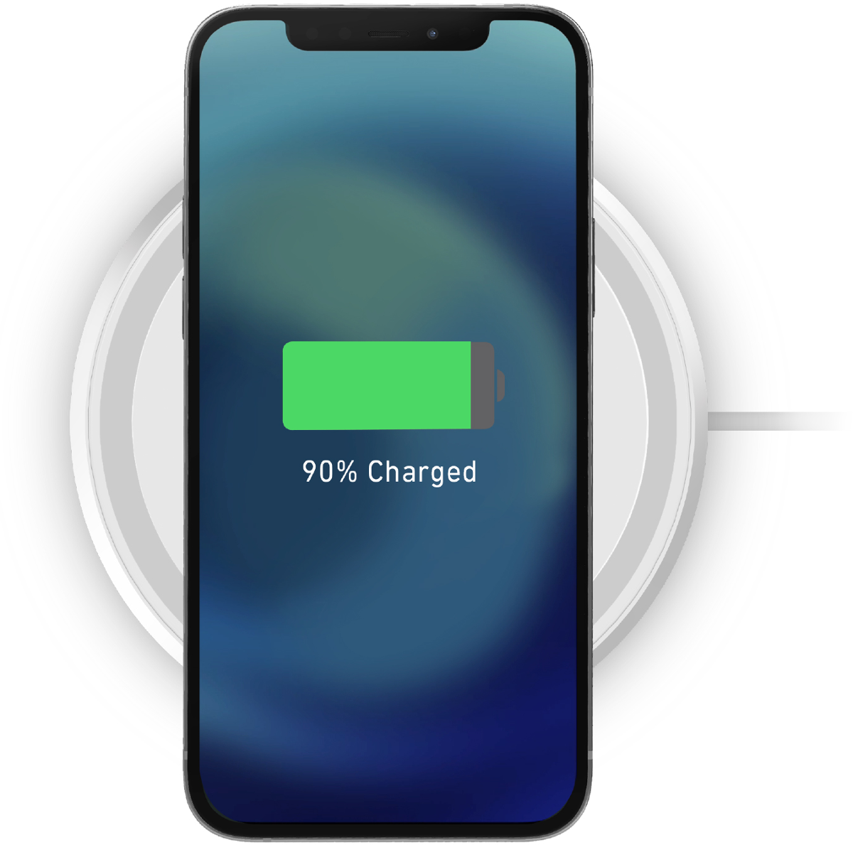 Ein Smartphone auf einer Ladestation, das 90 % geladen ist.