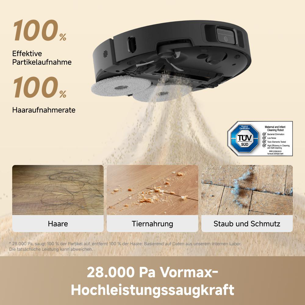 Ein Saugroboter mit 100% Effektivität bei Partikel- und Haaraufnahme, zeigt drei Szenarien: Haare, Tierfutter, Staub.