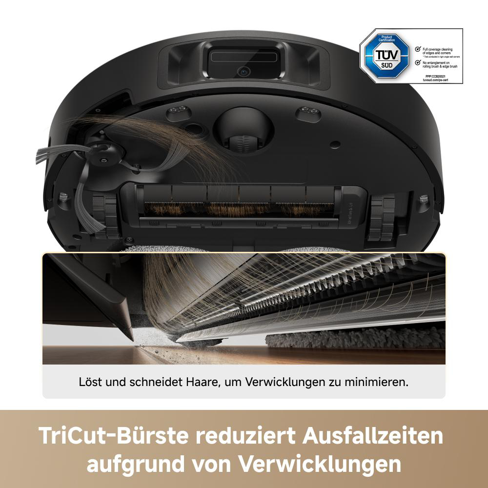 Roboterstaubsauger-Bürste mit Haarschneidefunktion. TUV SUD Zertifizierung.
