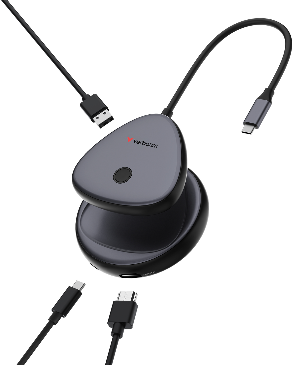 Szürke Verbatim eszköz USB-A és USB-C kábelekkel.
