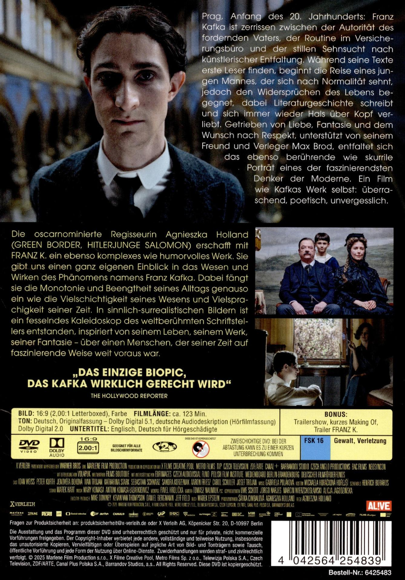 Filmplakat mit Porträt eines Mannes, Text über Franz Kafka und Filmdetails.