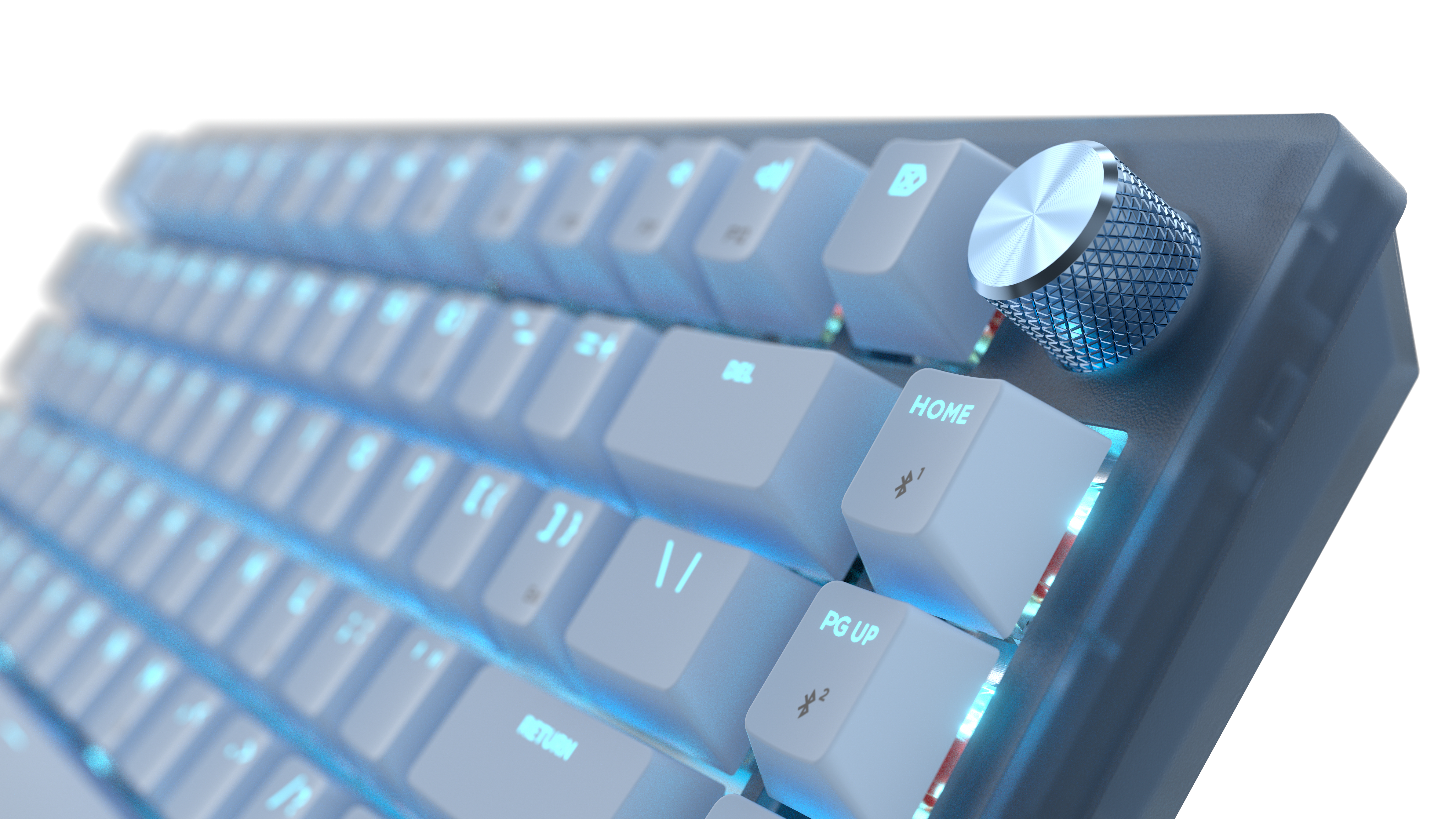 Eine weiße Tastatur mit blauer Hintergrundbeleuchtung und einem silbernen Drehknopf.