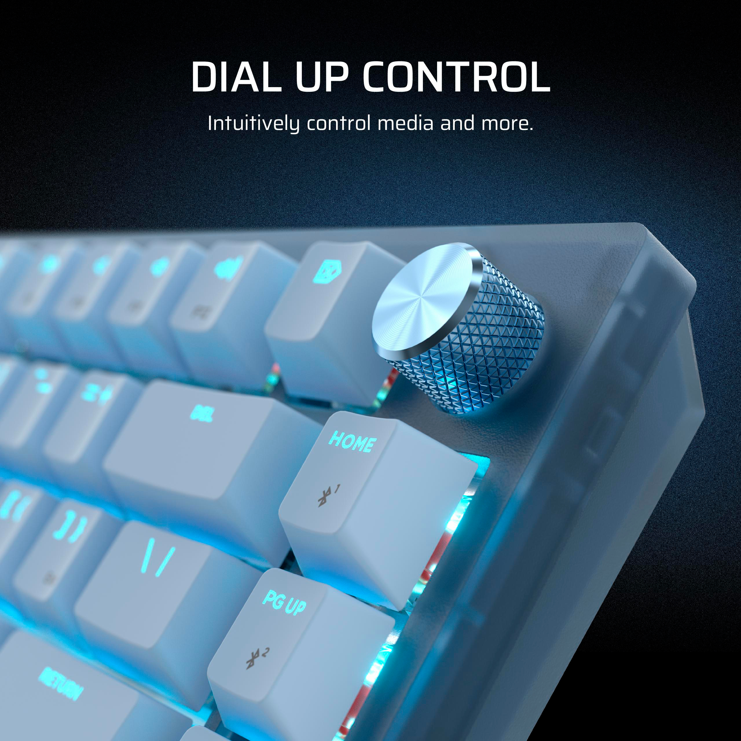 Nahaufnahme einer weißen Tastatur mit blauen LEDs und einem silbernen Drehregler.