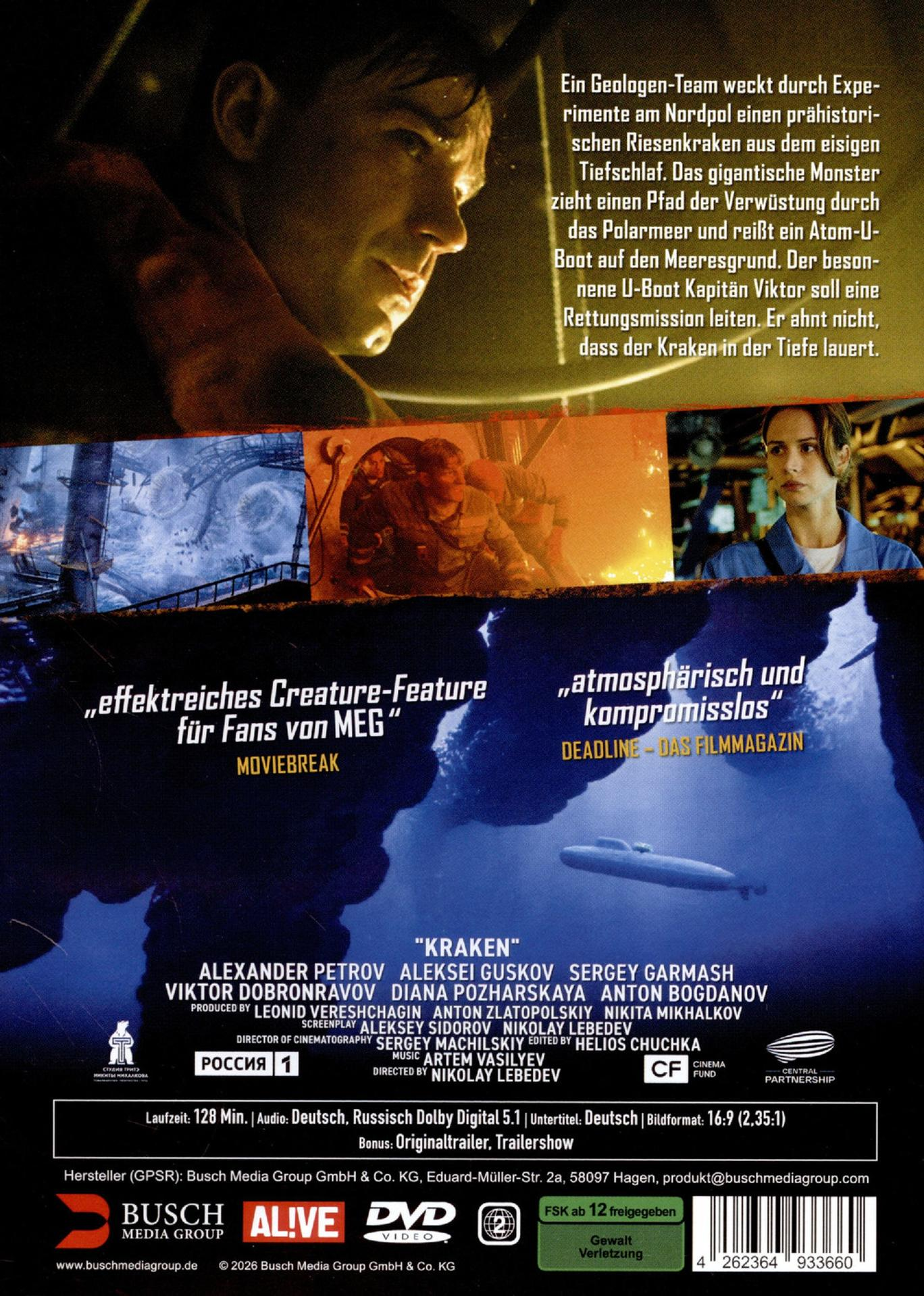 Filmplakat mit Männern, Frauen, U-Boot und Text. Ein Kraken erwacht.