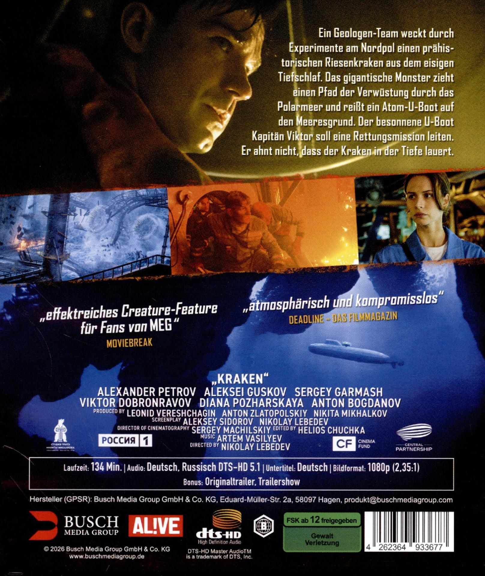 Filmplakat mit Unterwasseraufnahmen, U-Boot und Schauspielern, Text über Kraken.