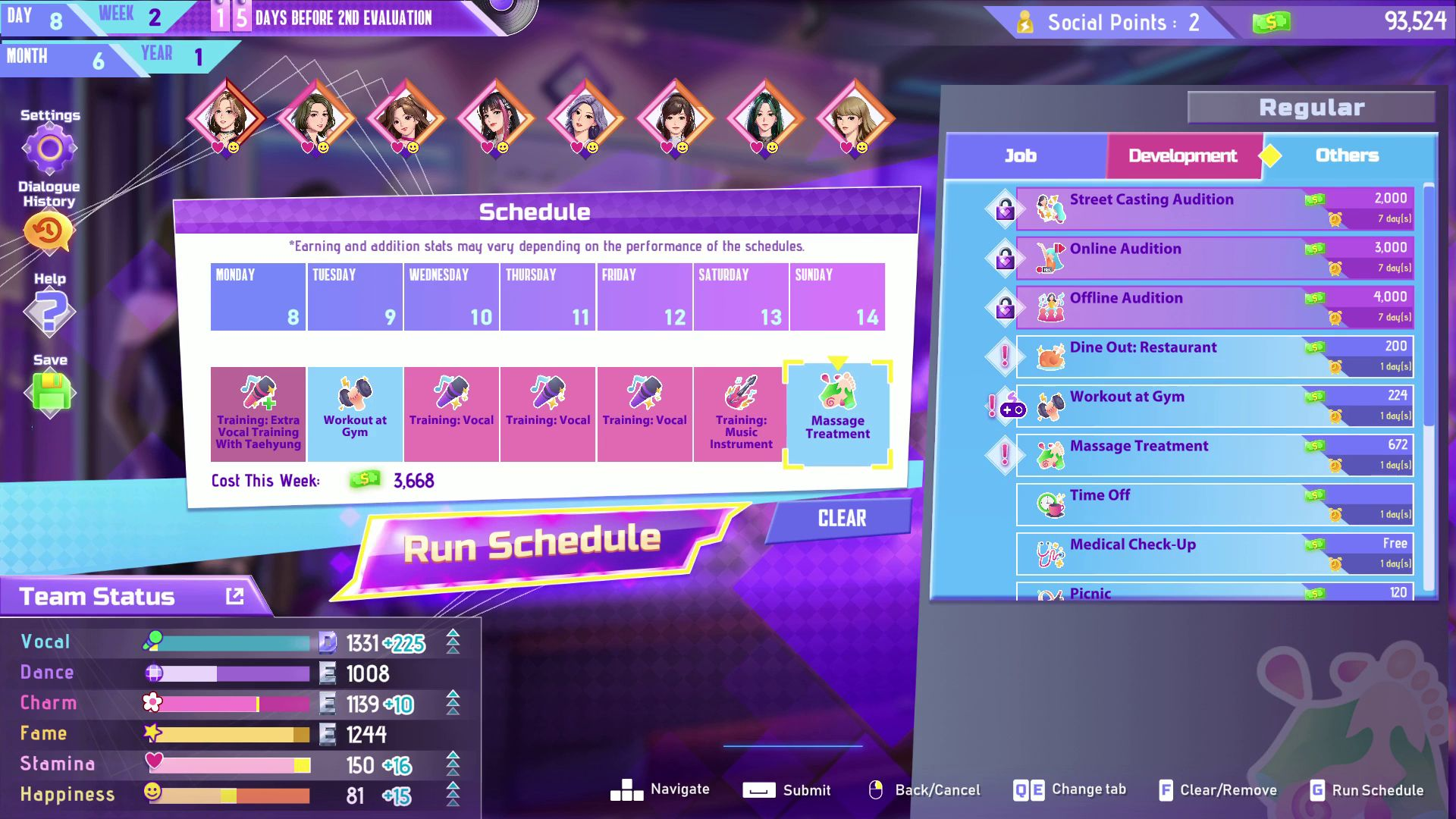Ein Spiel-Interface mit einem Zeitplan, einer Liste von Aufgaben und Team-Statistiken.