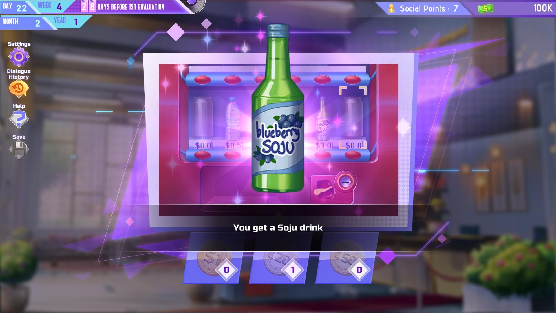 Ein Getränkeautomat mit einer Flasche Blaubeer-Soju im Fokus. Kostenlos.
