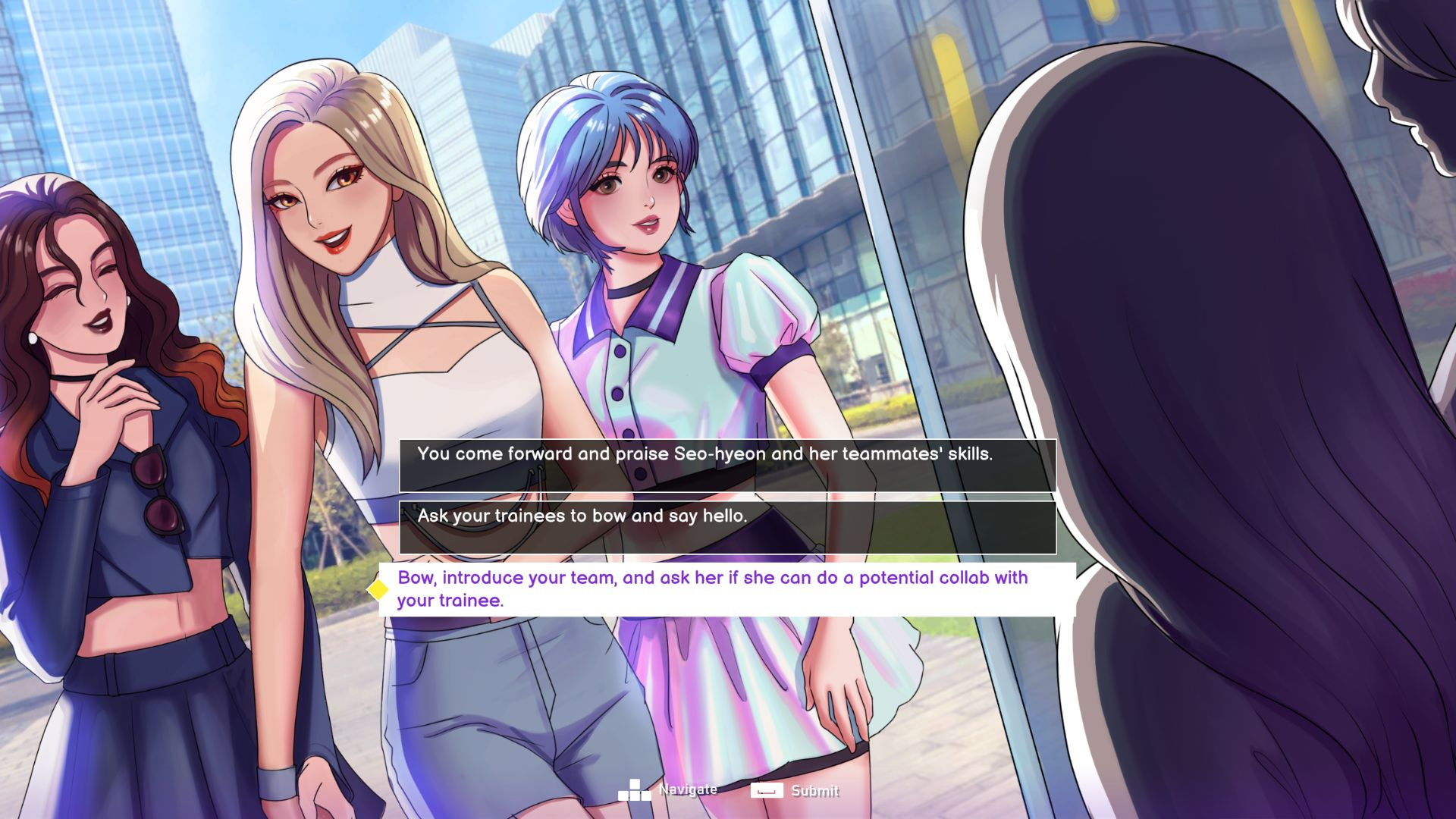 Drei Anime-Frauen mit unterschiedlichen Frisuren und Outfits stehen draußen.