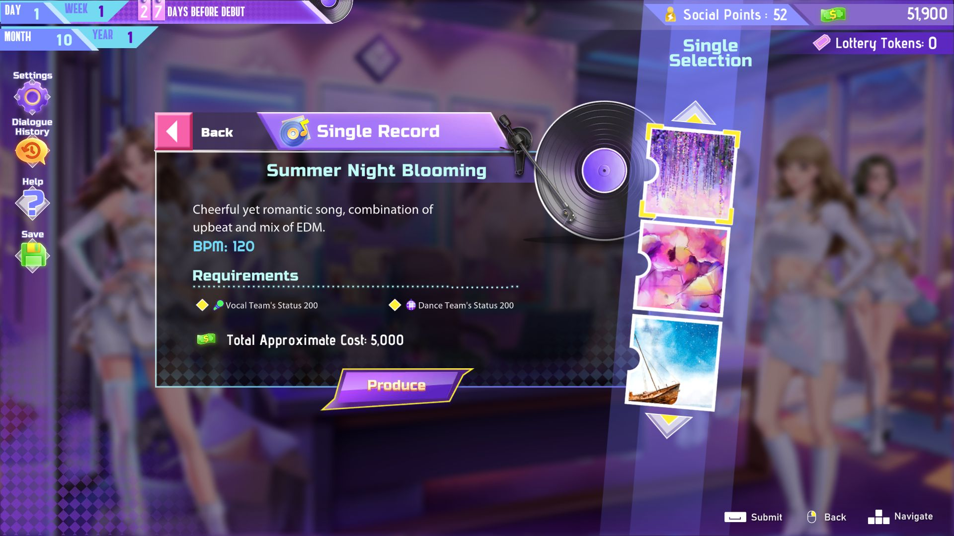 Spielbildschirm mit Songauswahl 'Summer Night Blooming', Anforderungen, Kosten und Charakteren.