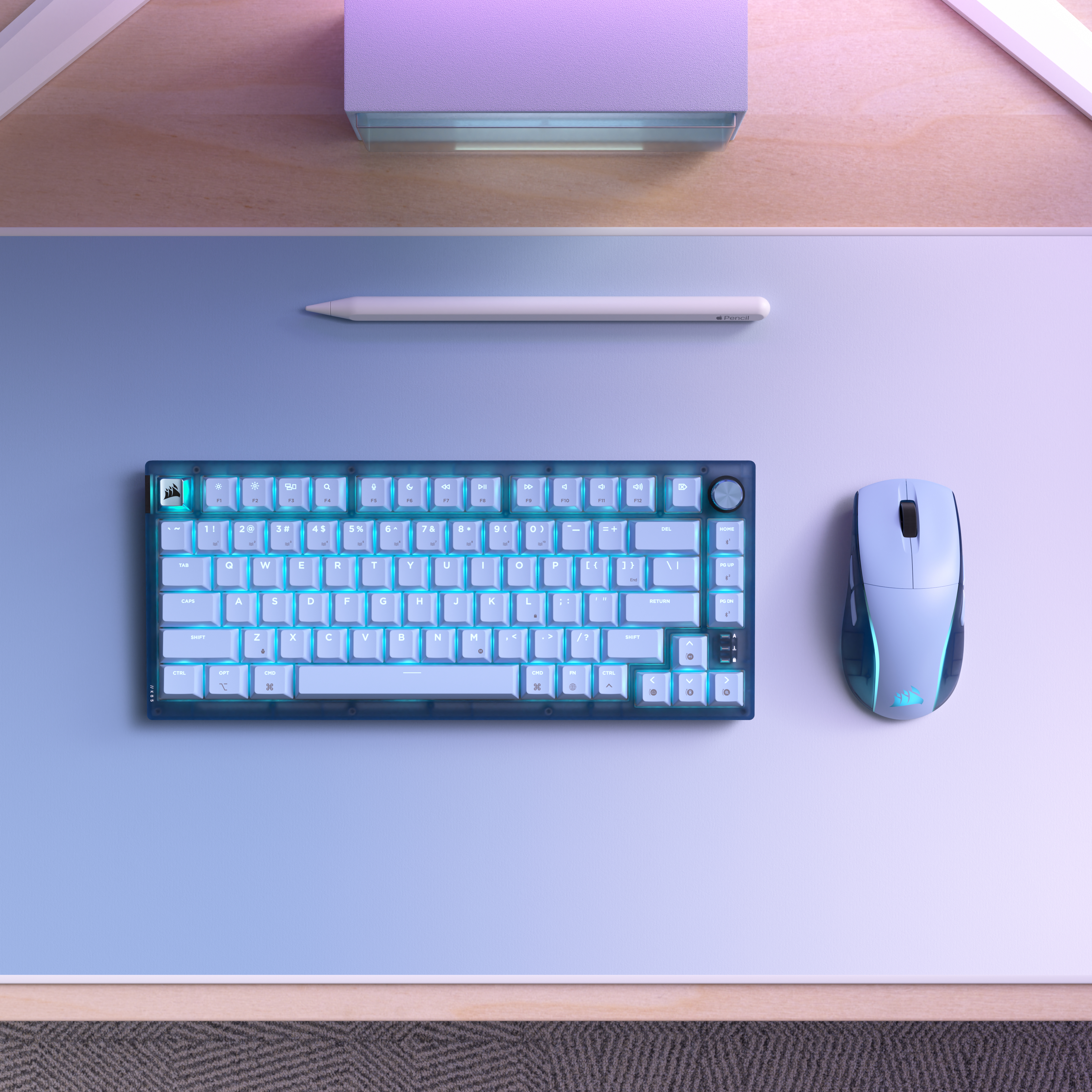 Ein beleuchtetes Tastatur- und Maus-Setup auf einem Schreibtisch.