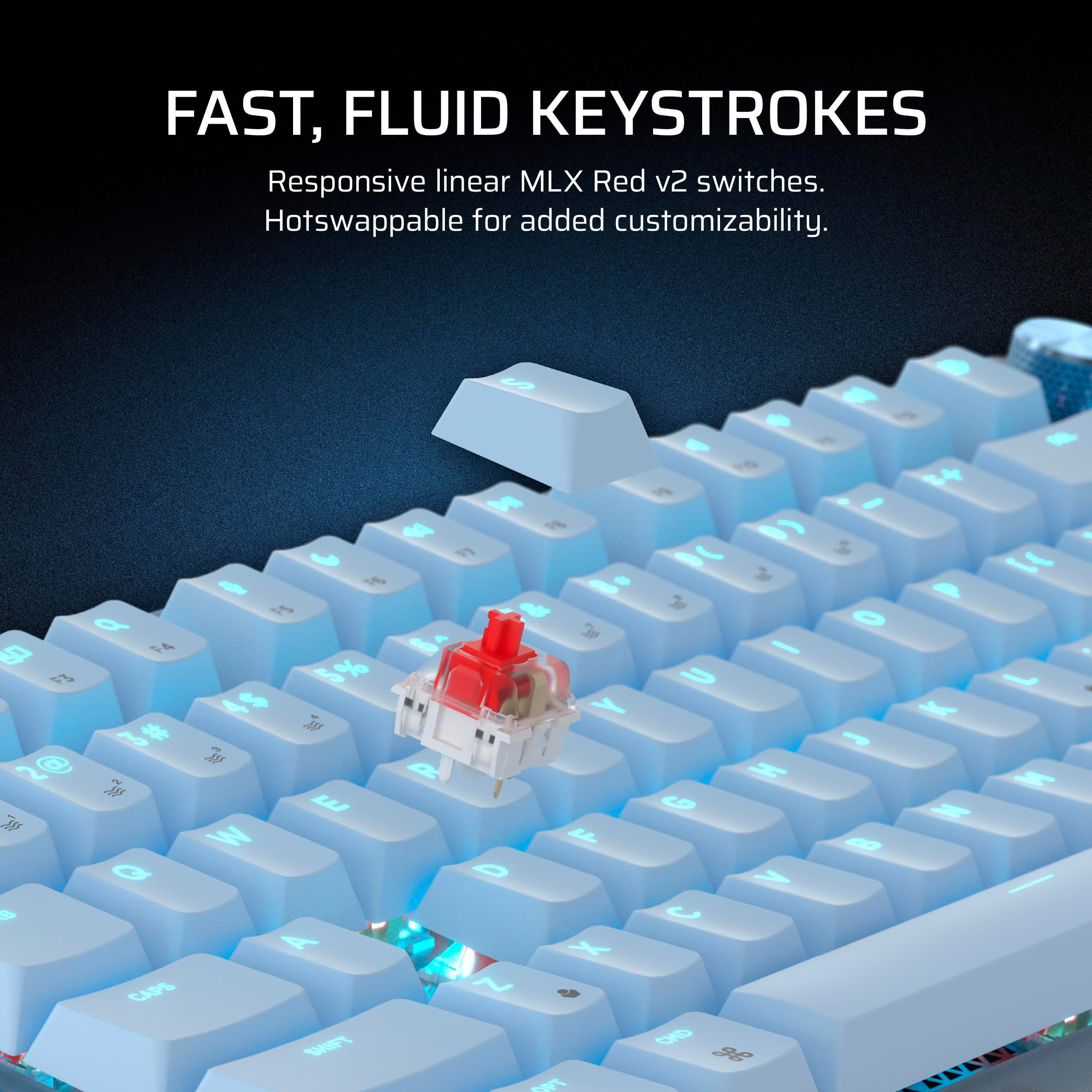 Eine Nahaufnahme einer weißen Tastatur mit beleuchteten Tasten und einem roten Schalter.