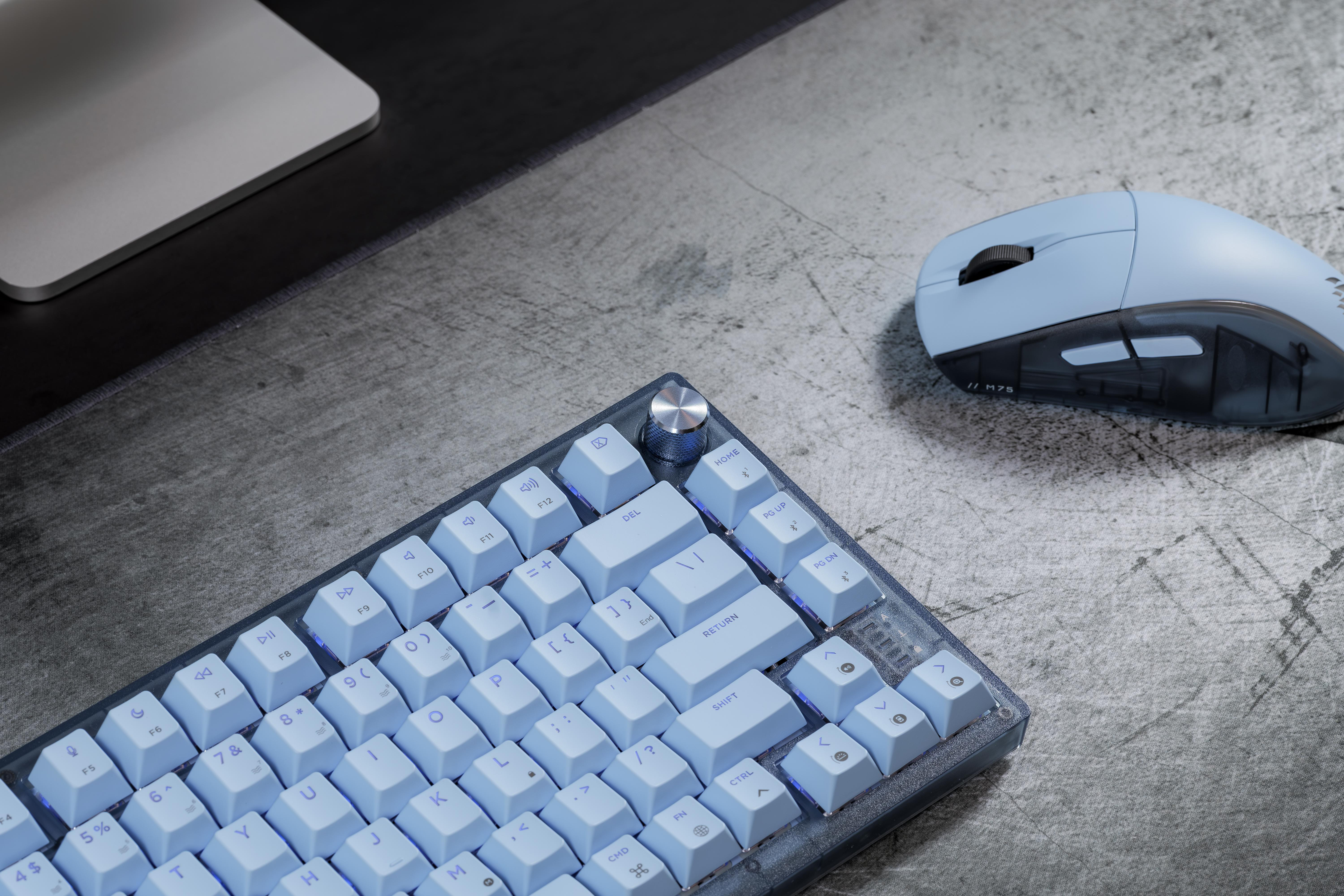 Eine hellblaue Tastatur und Maus auf einer grauen Arbeitsfläche.