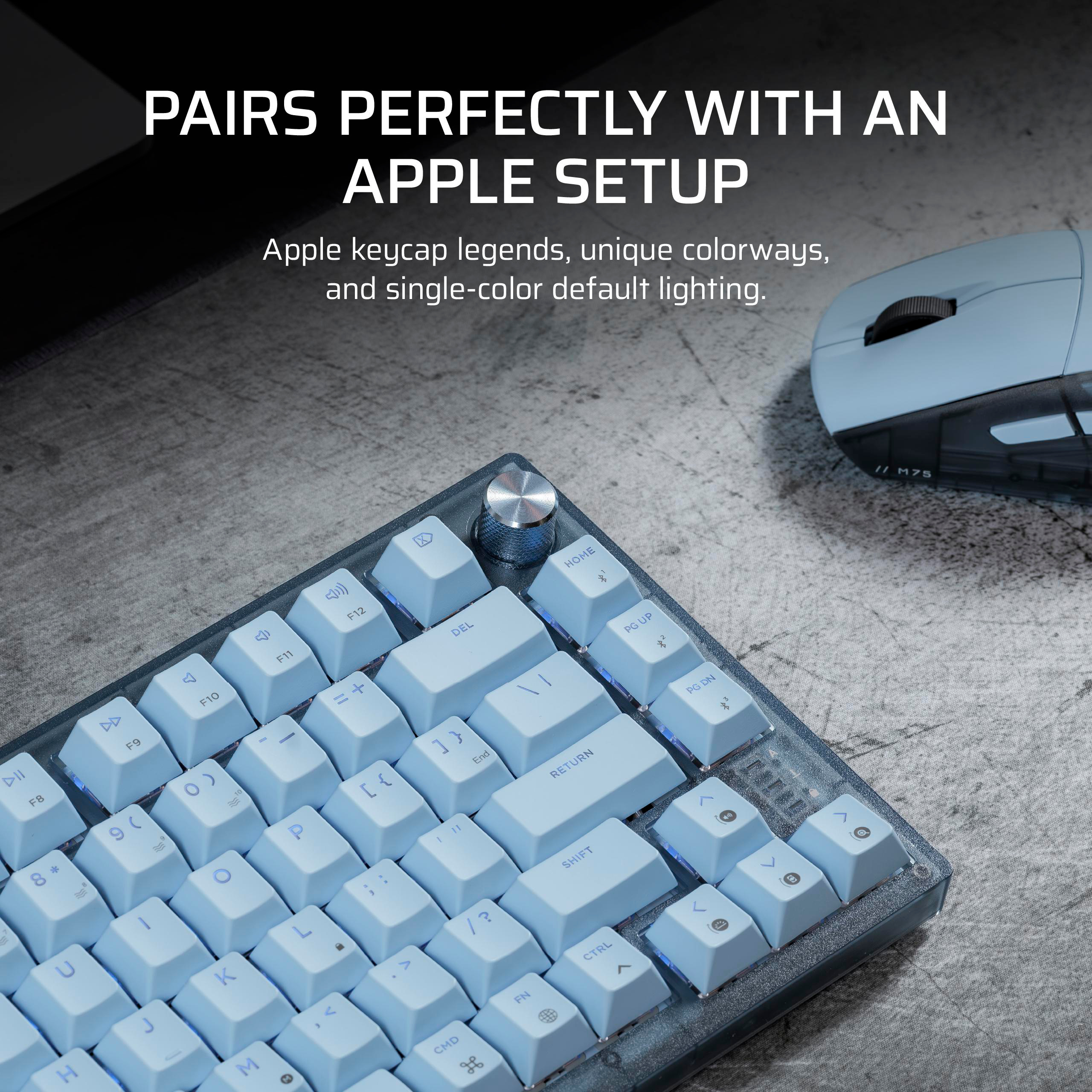 Helles blaues Tastatur-Layout mit einem silbernen Drehrad und einer hellblauen Maus.