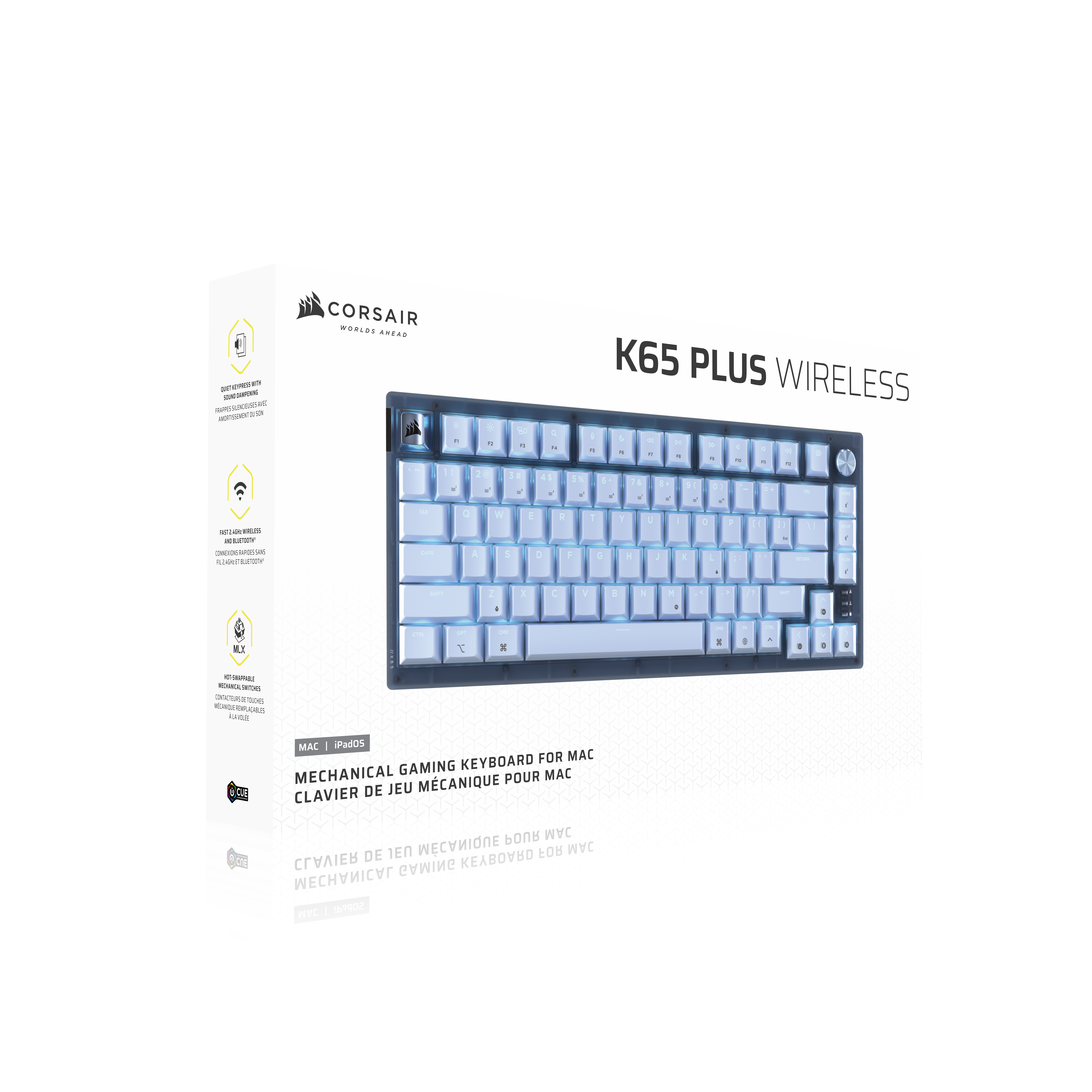 Eine weiße Tastatur mit blauen Tasten und dem Corsair-Logo wird gezeigt.