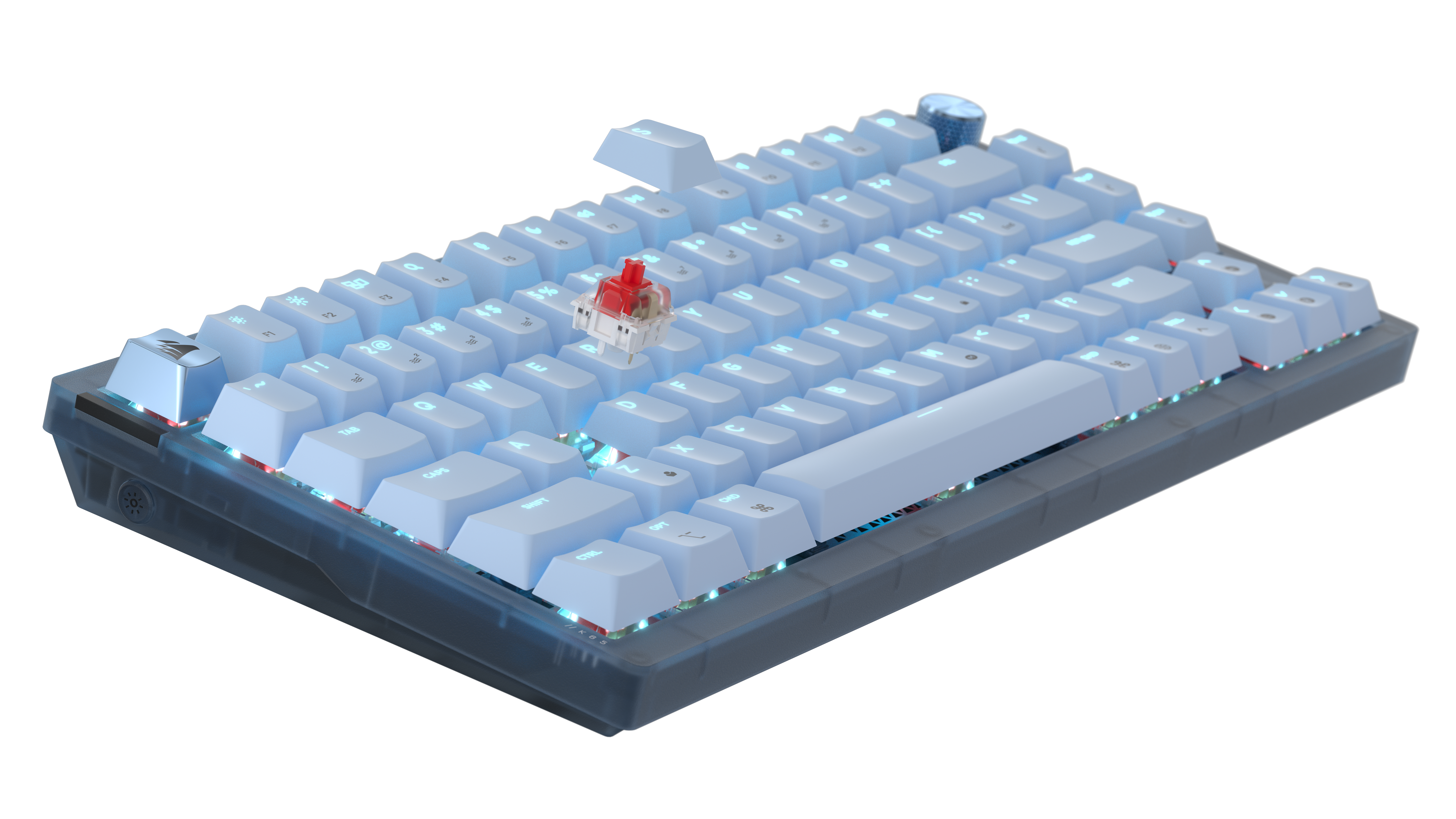 Ein hellblaues mechanisches Tastatur-Layout mit RGB-Beleuchtung und einem roten Schalter.