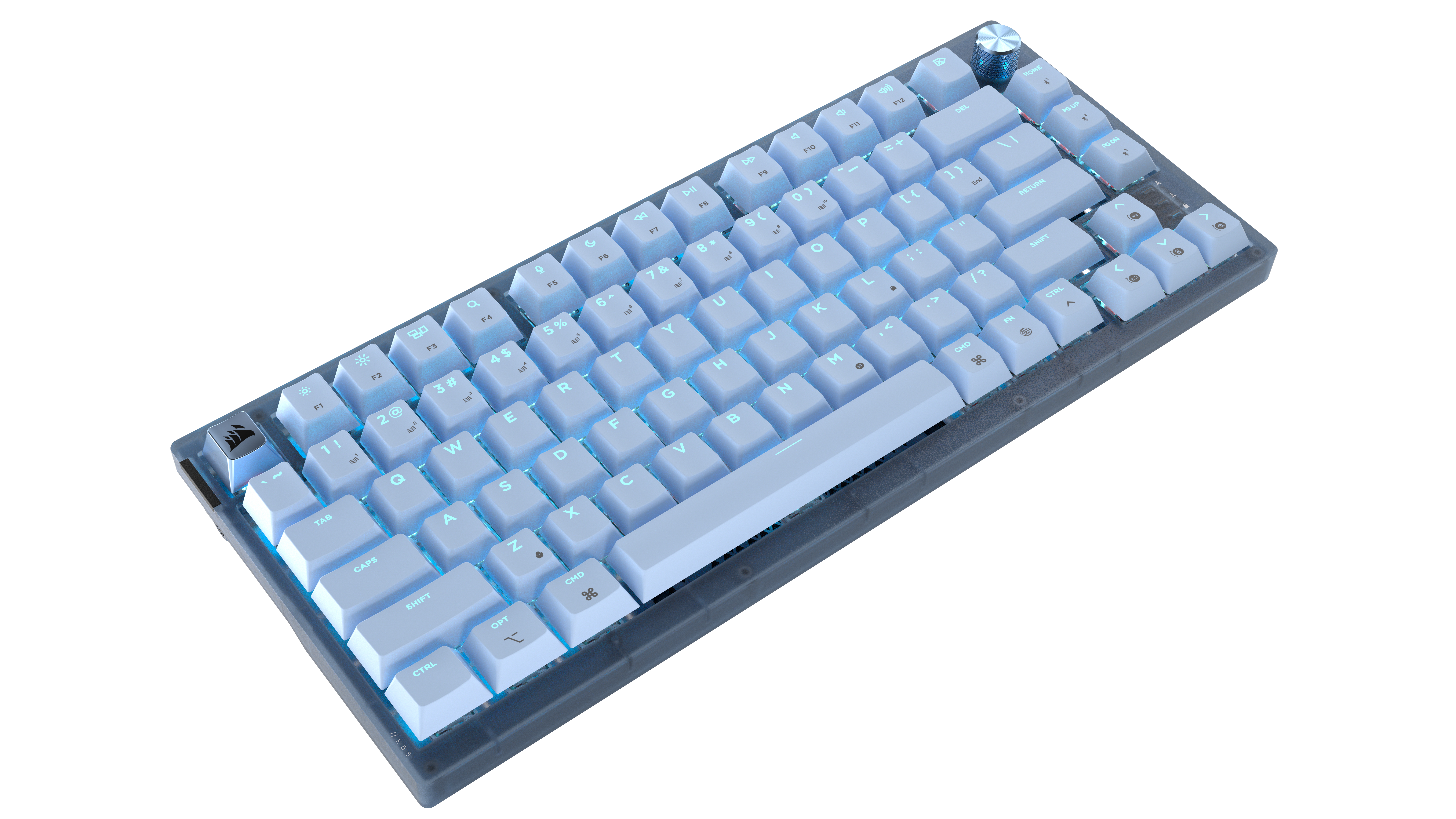 Eine weiße Tastatur mit blauer Beleuchtung und dunklem Gehäuse.