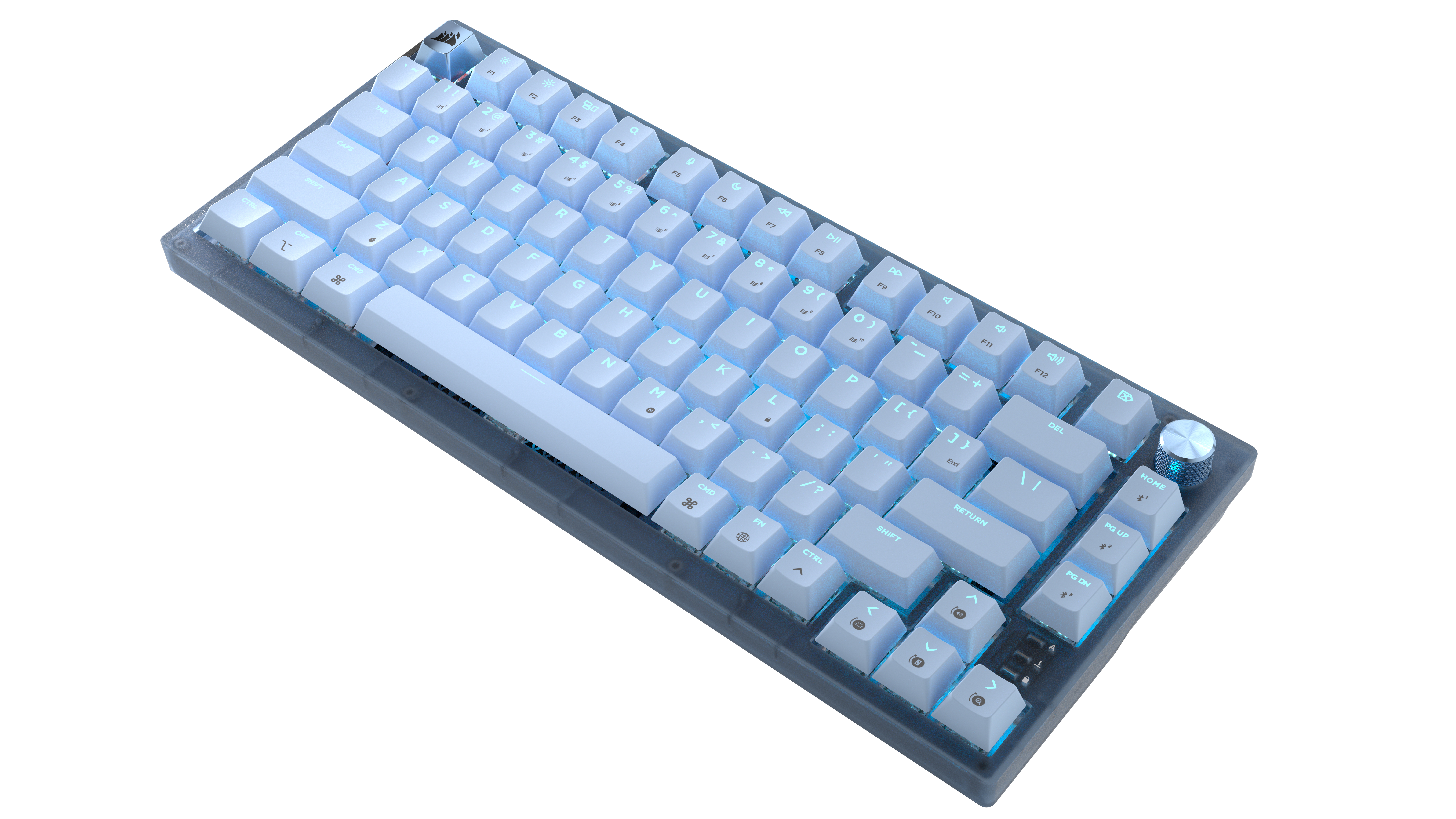 Eine weiße Tastatur mit blauen Lichtern und einem silbernen Drehregler.